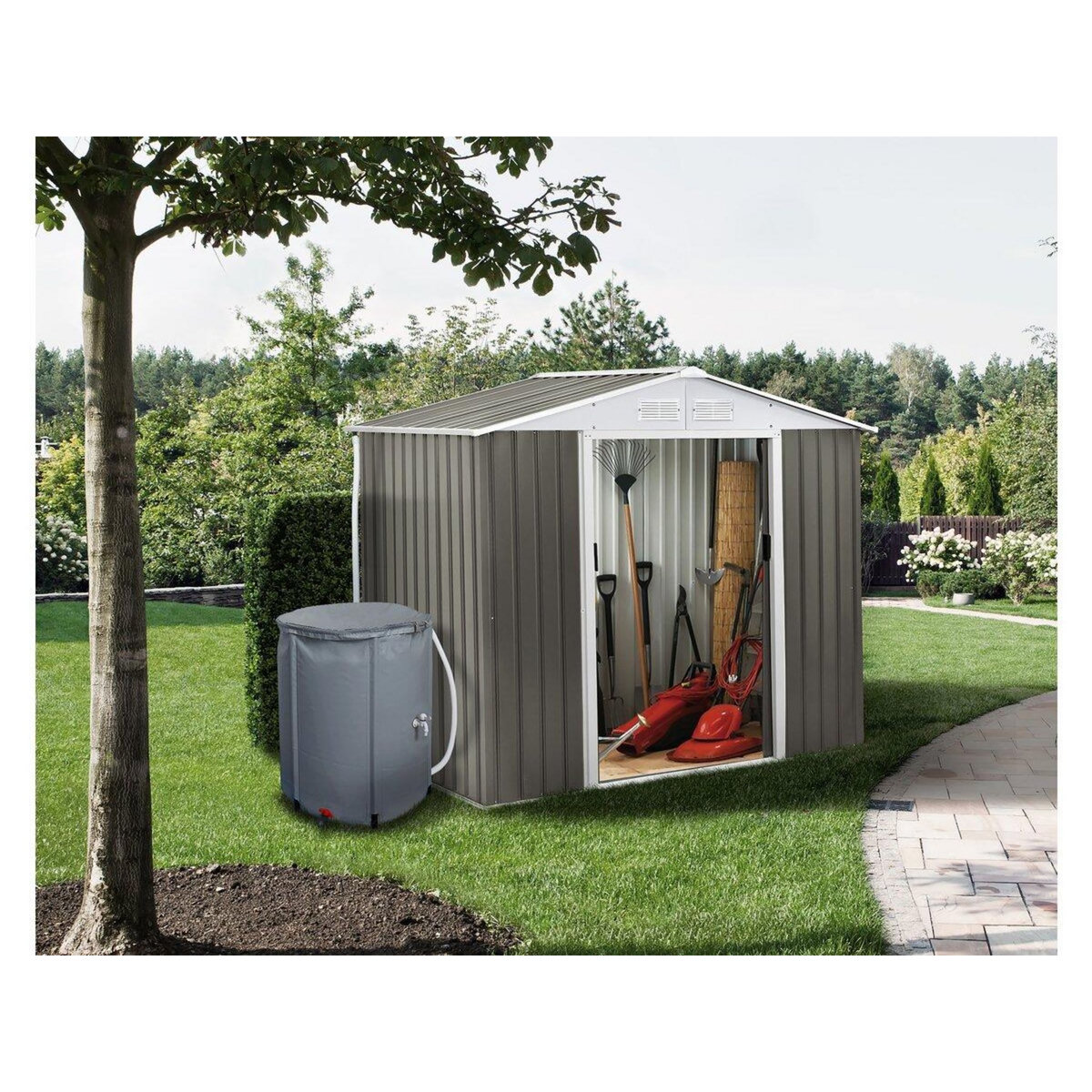 Habitat et Jardin Abri jardin métal  Dallas  - 5,29 m² avec gouttière et récupérateur d'eau - Taupe