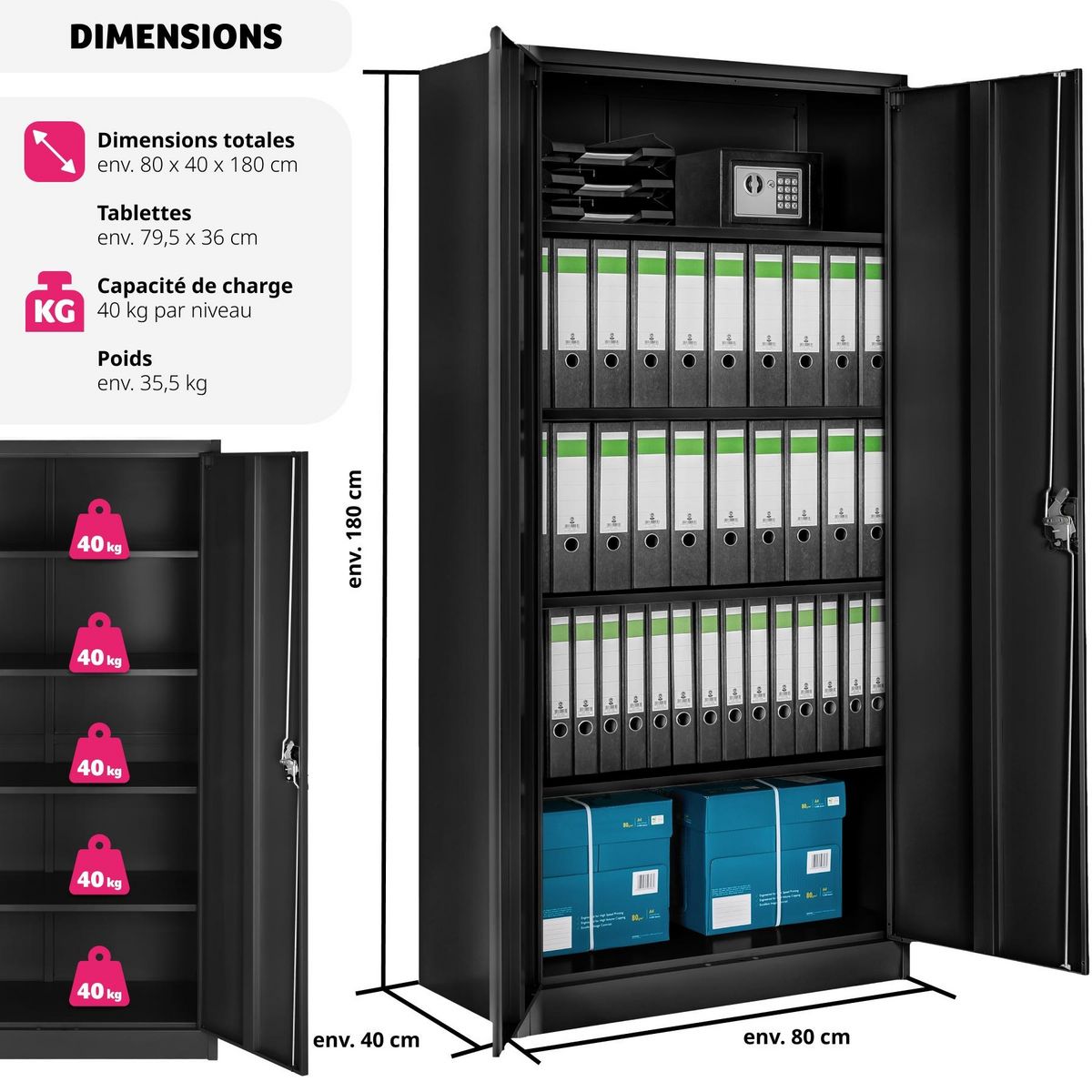 tectake Armoire de classement en acier lâqué époxy noir