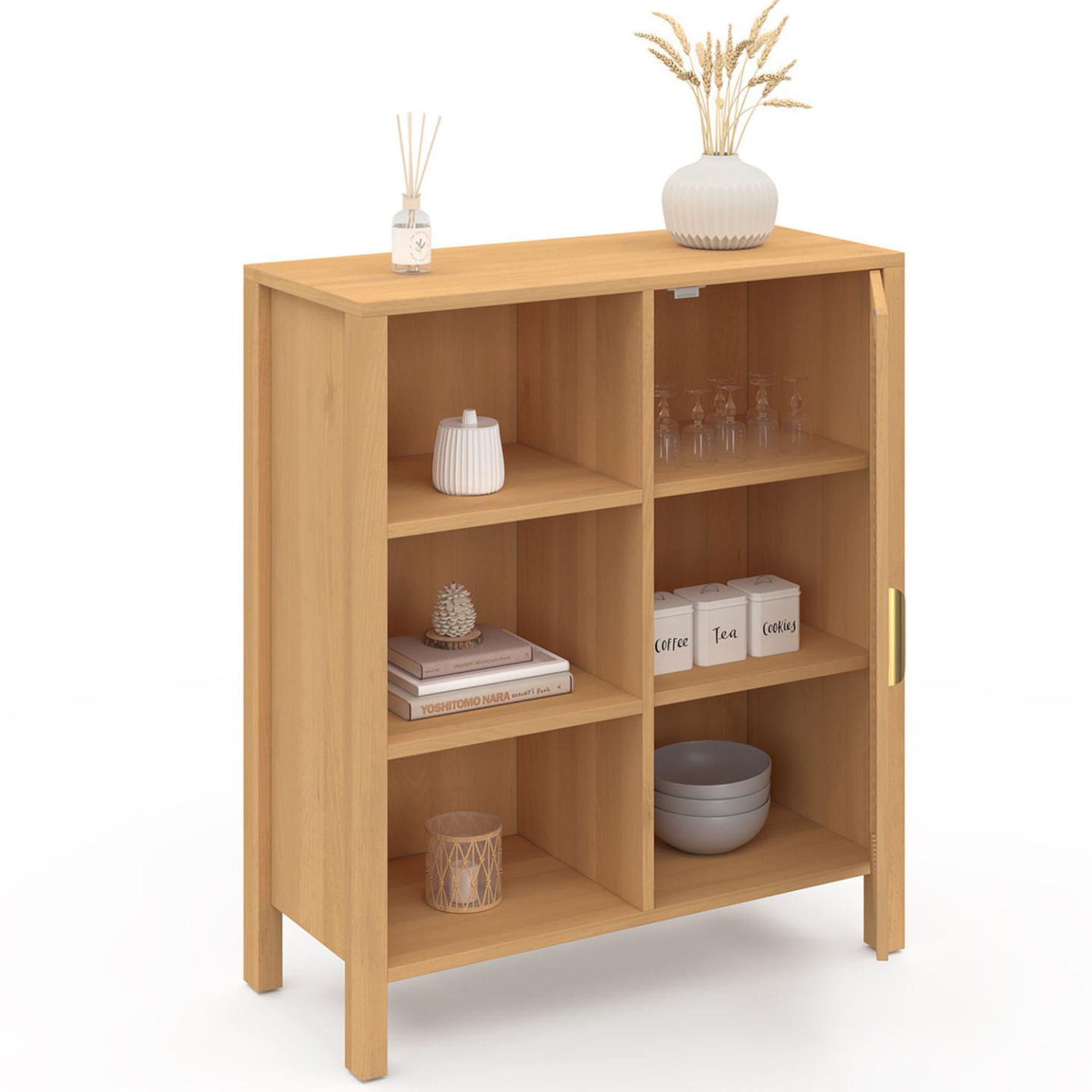 Voir la diapositive 3 : ID MARKET Buffet d'appoint 3 étagères et placard 70 cm edhen bois et cannage