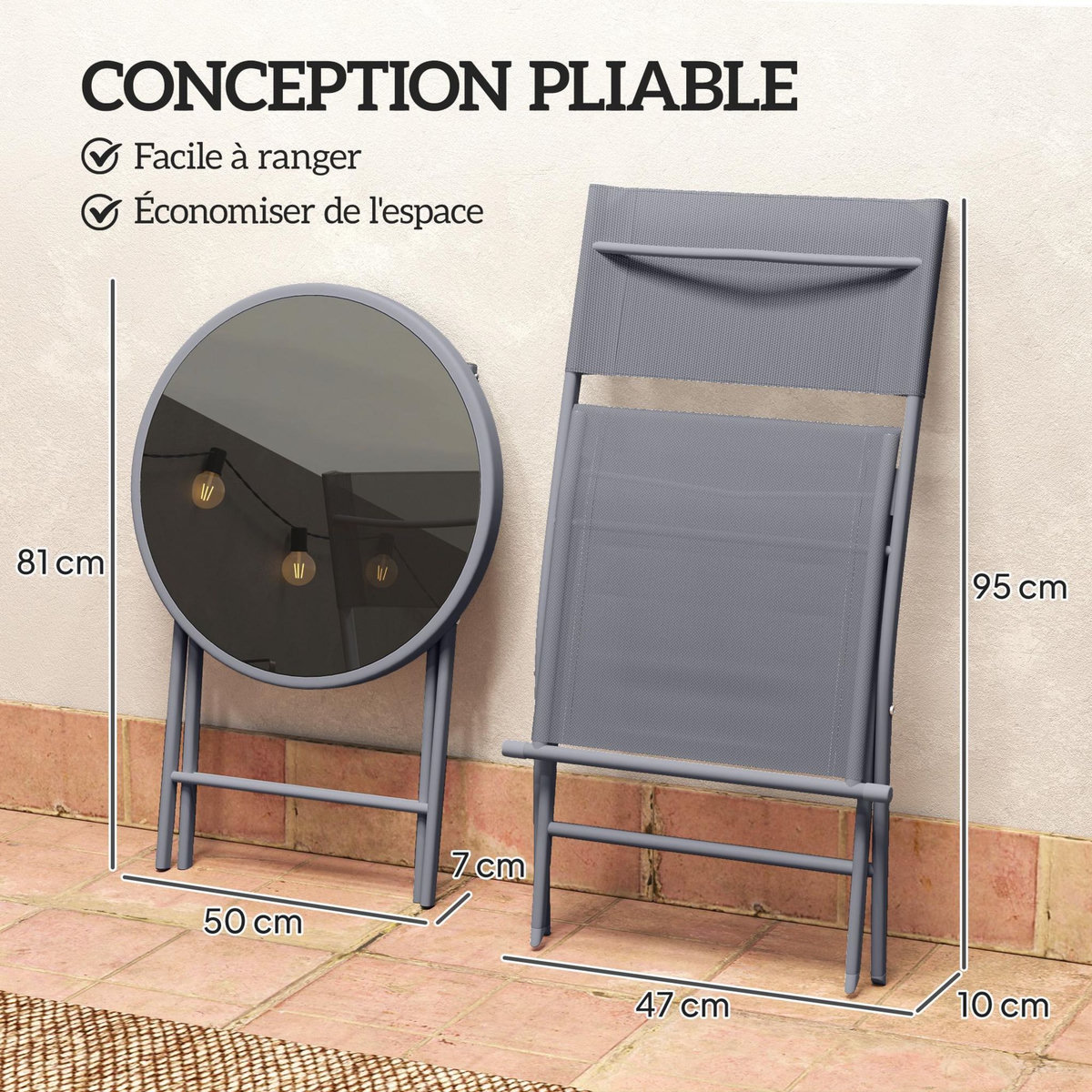 OUTSUNNY Ensemble jardin 2 personnes pliable - ensemble bistrot de jardin 3 pièces - métal époxy gris