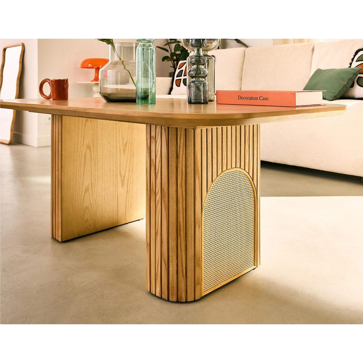 LISA DESIGN Milazzo - table basse - bois plaqué chêne et cannage - 120 cm