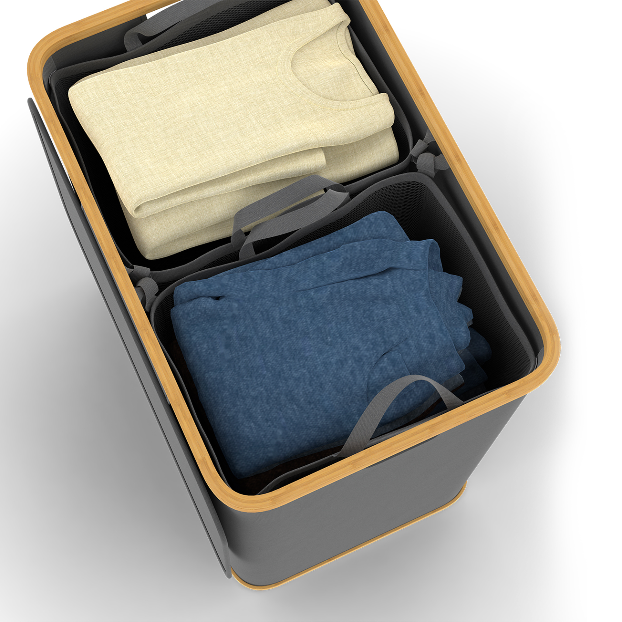 Voir la diapositive 6 : ID MARKET Panier à linge 140 l 2 bacs amovibles bambou rita tissu gris anthracite