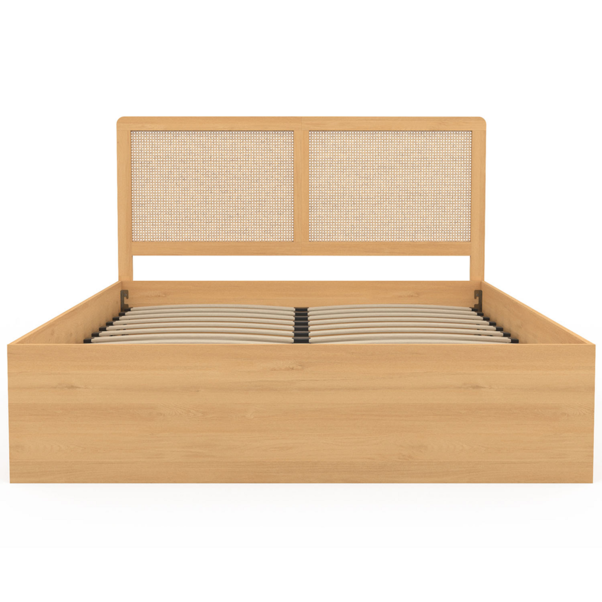 ID MARKET Lit coffre double EDHEN avec tête de lit cannage et sommier 140 x 190 cm coloris bois