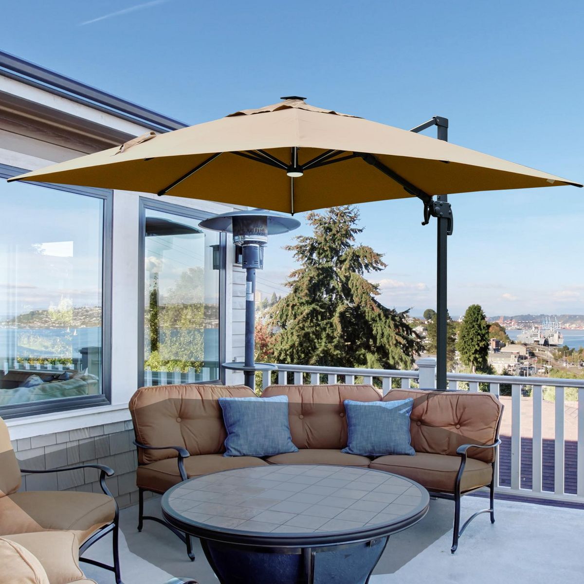 OUTSUNNY Parasol déporté carré parasol LED inclinable pivotant 360° manivelle piètement acier dim. 3L x 3l x 2,66H m beige