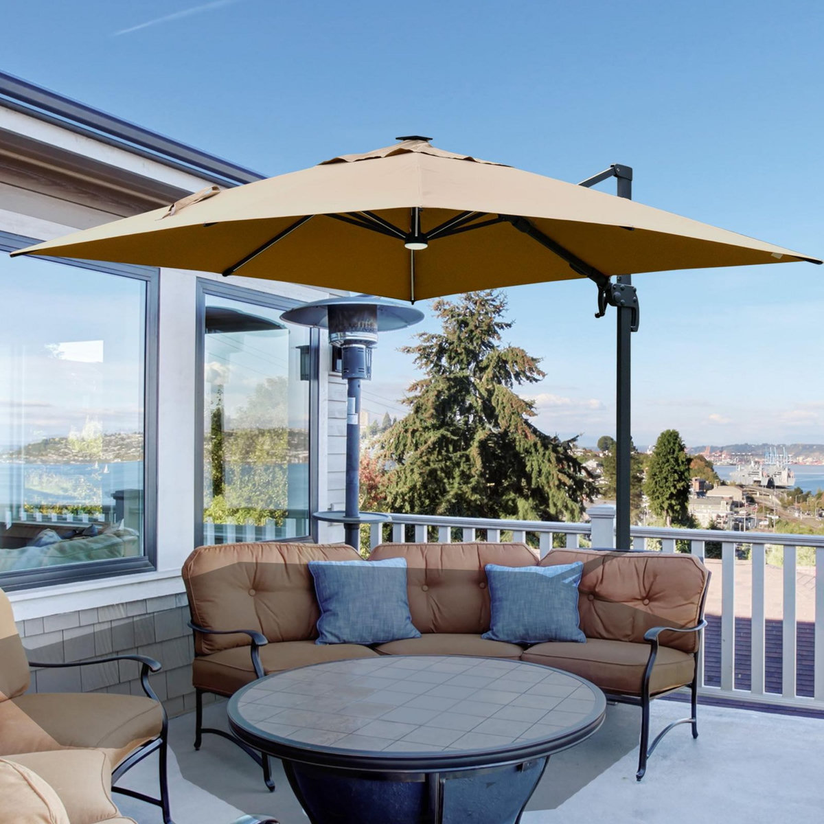OUTSUNNY Parasol déporté carré parasol LED inclinable pivotant 360° manivelle piètement acier dim. 3L x 3l x 2,66H m beige