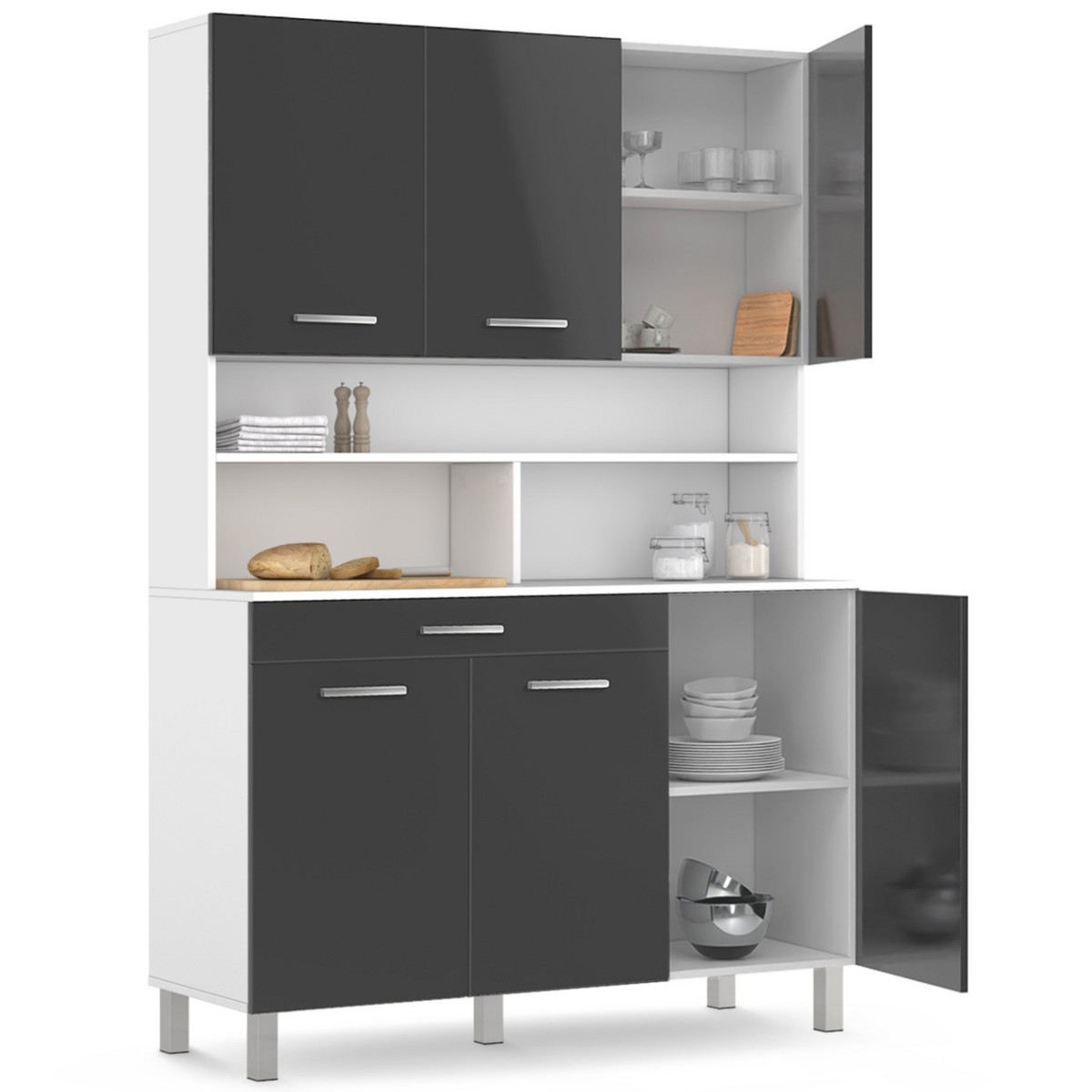 ID MARKET Buffet de cuisine 120 CM CINA 6 portes + tiroir blanc et gris brillant