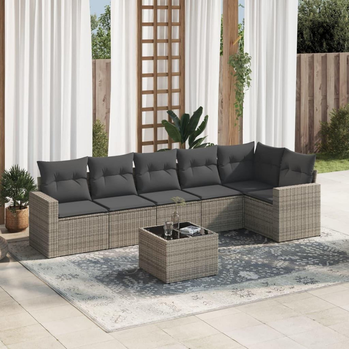 VIDAXL Salon de jardin avec coussins 7 pcs gris resine tressee