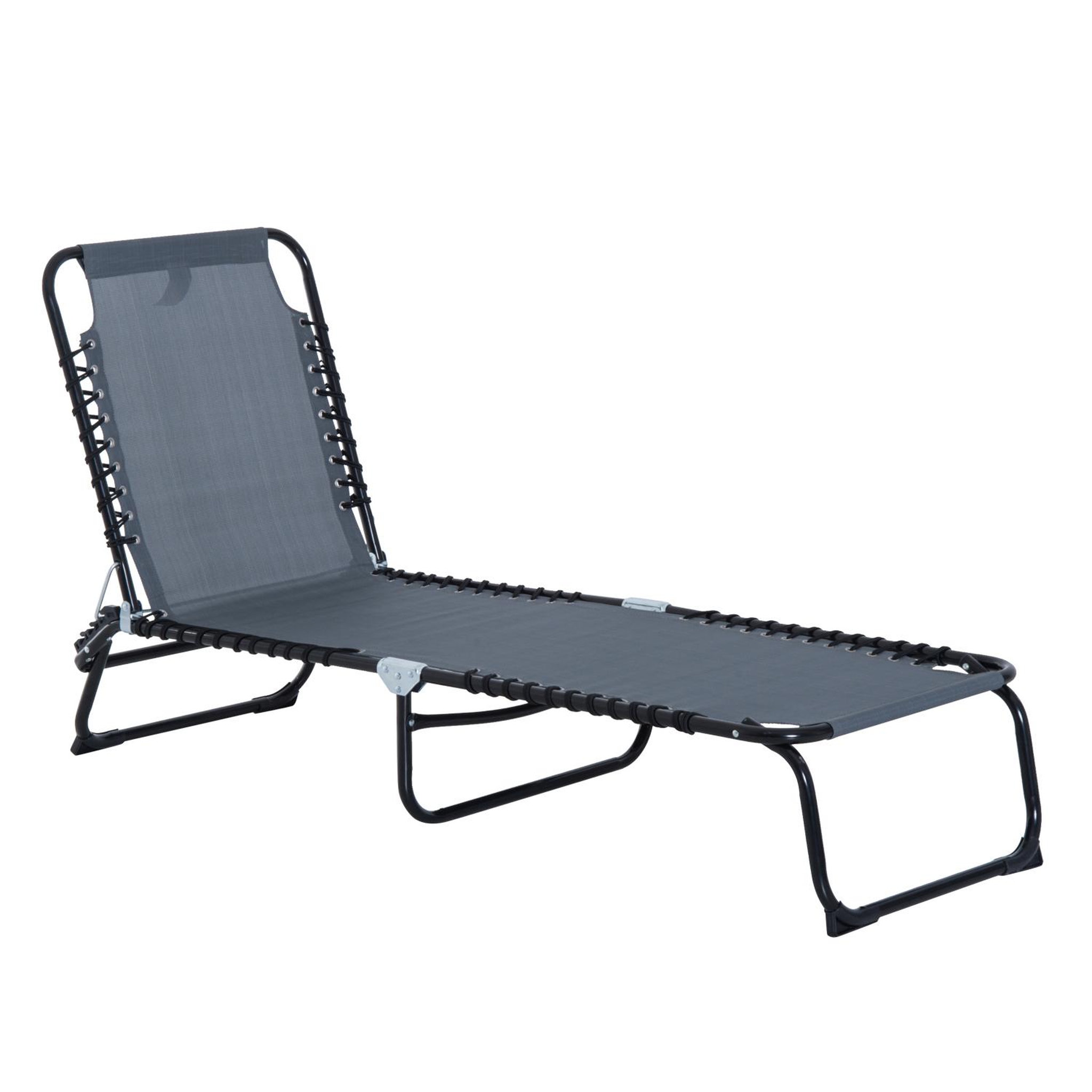 OUTSUNNY Bain de soleil transat pliable dossier inclinable multi-positions acier thermoplastique lacets élastiques noir textilène gris