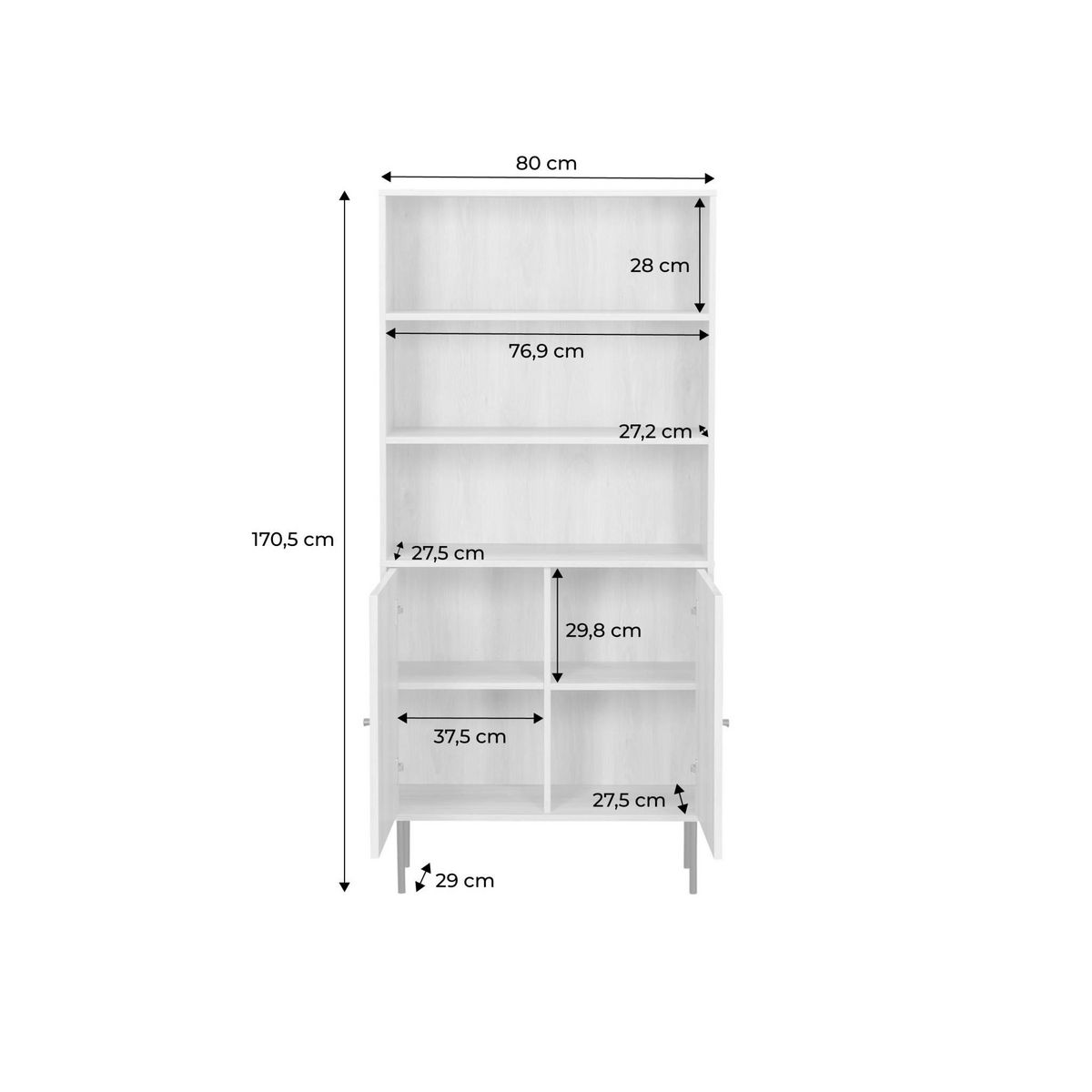 SWEEEK Bibliothèque décor bois rainuré et métal noir 2 portes 5 étagères H170.5cm