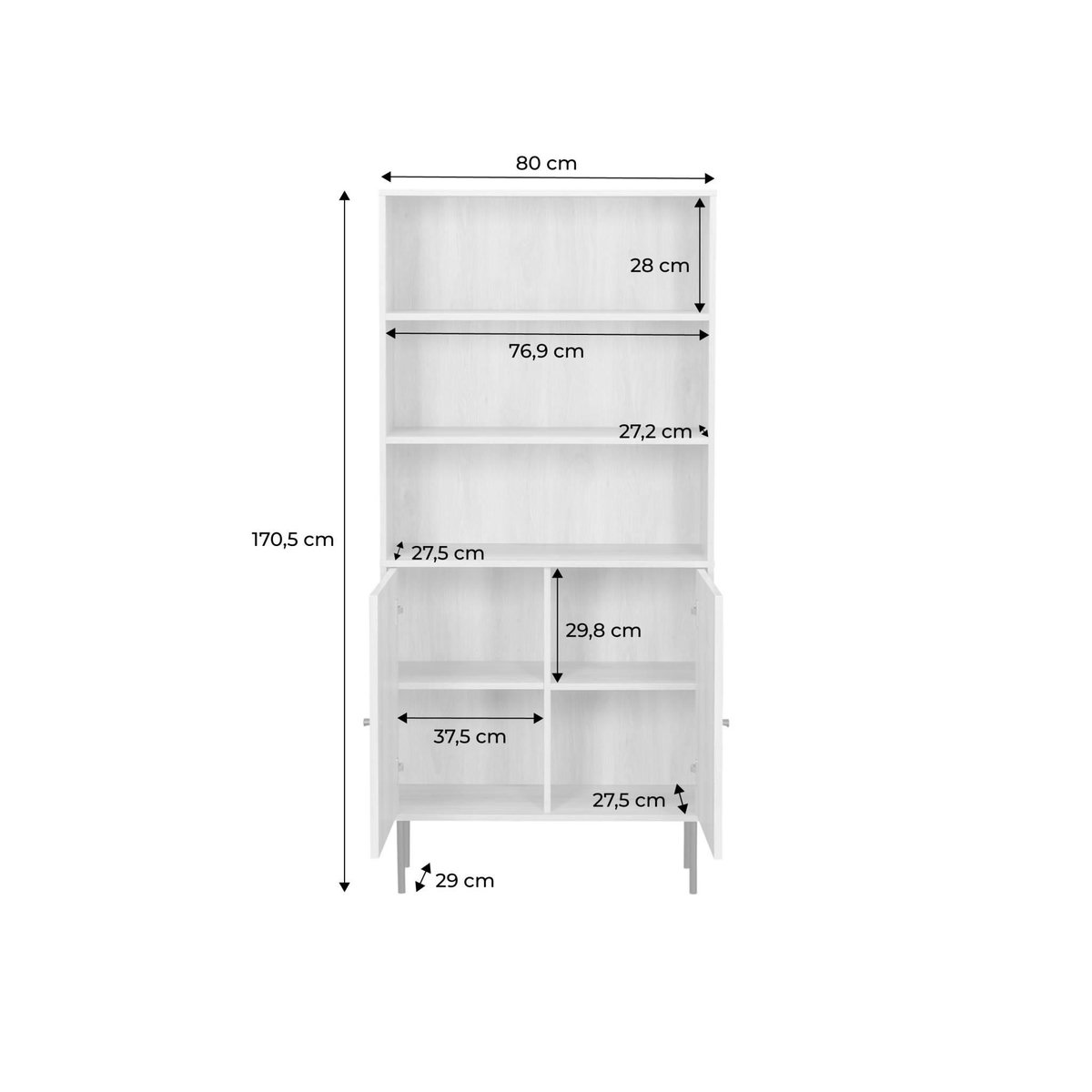 SWEEEK Bibliothèque décor bois rainuré et métal noir 2 portes 5 étagères H170.5cm