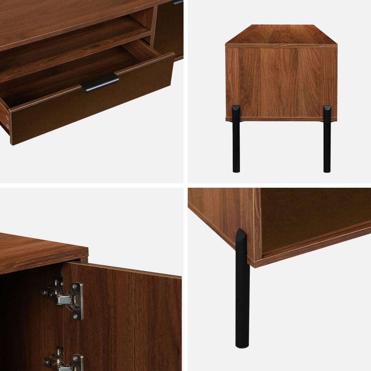 SWEEEK Meuble TV vintage effet bois de noyer. finition vitre fumée. pieds et poignées en métal. L 151.5 x 38 x 44.7cm