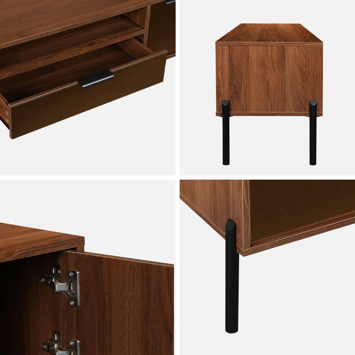 SWEEEK Meuble TV vintage effet bois de noyer. finition vitre fumée. pieds et poignées en métal. L 151.5 x 38 x 44.7cm