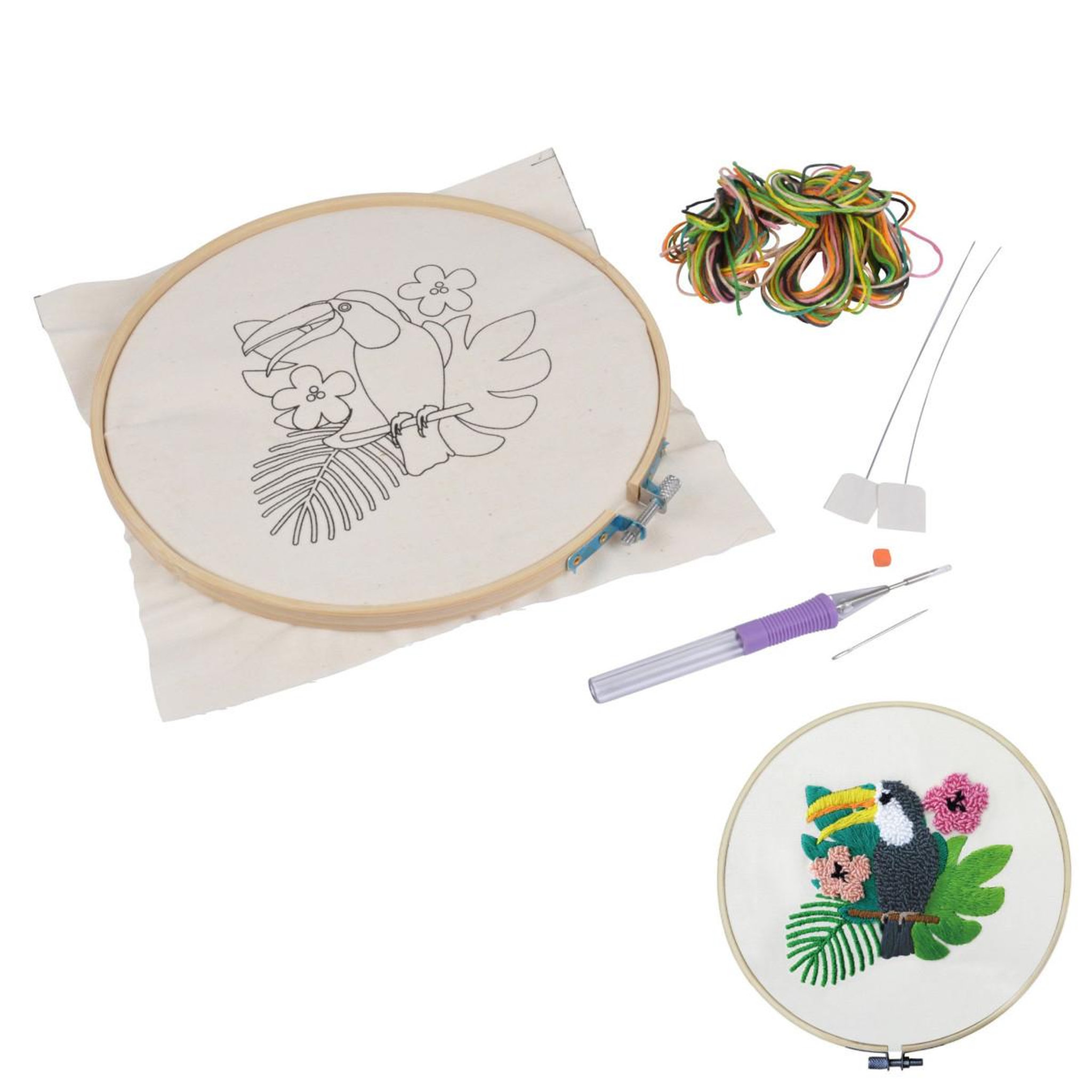 HOMEA Kit Complet Punch Needle  Toucan  21cm Blanc