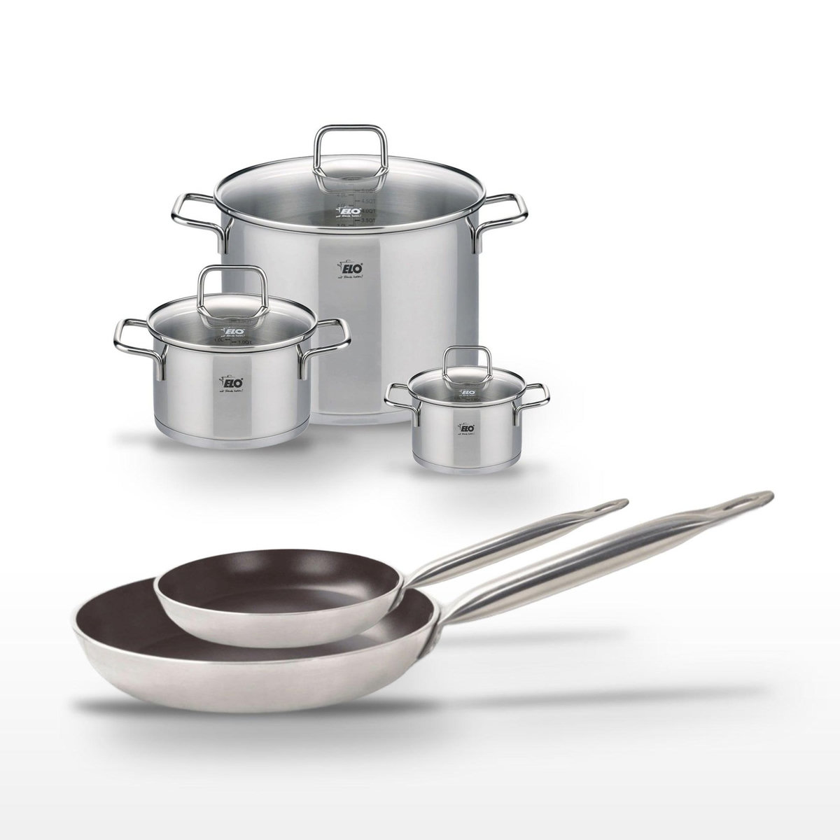 ELO Lot Poêles 24cm & 32cm avec revêtement céramique sans PFAS & 3 Faitouts 14/20/26 cm Elo Bistro Line Citrin