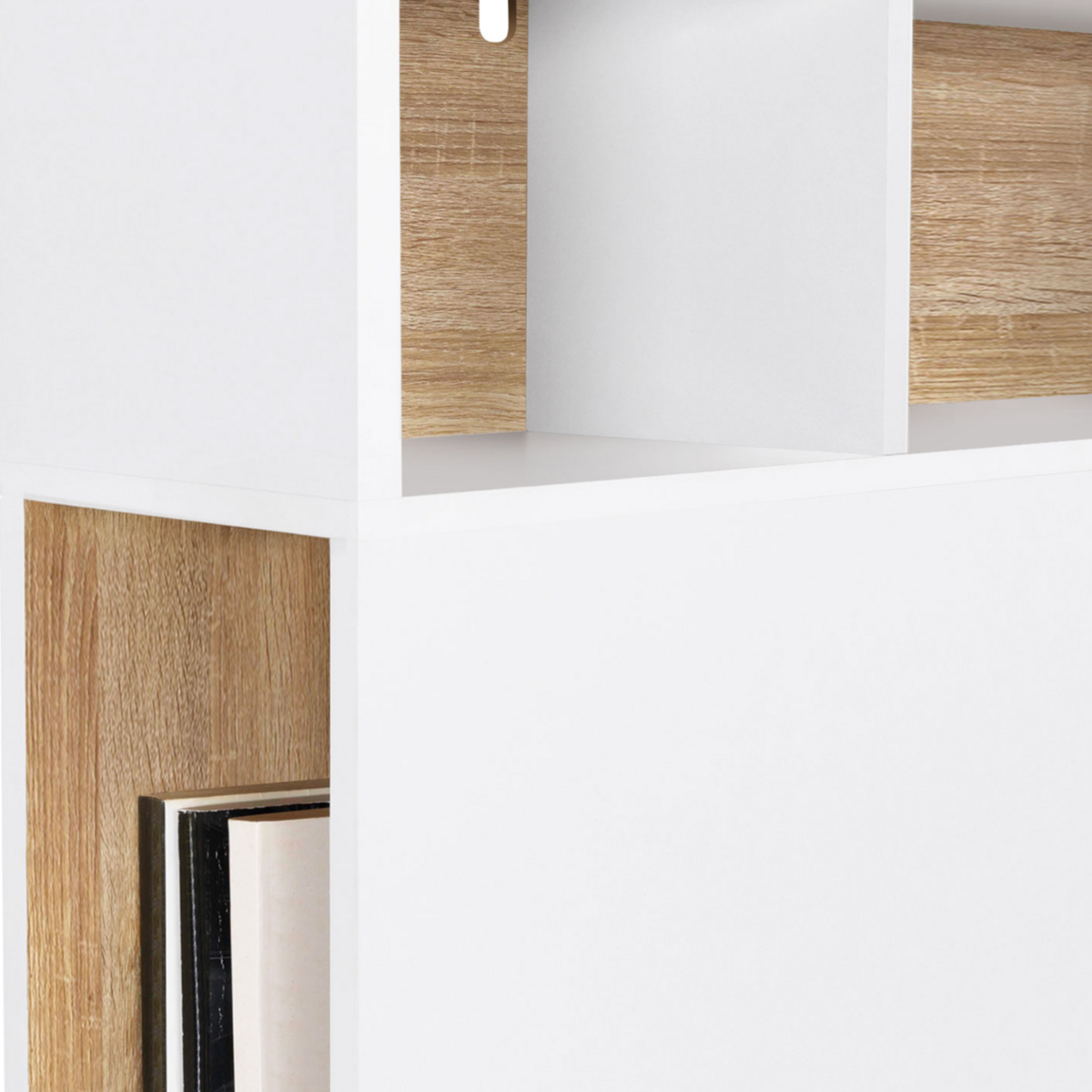 ID MARKET Tête de lit sur pied CLEO 165 cm avec rangements fermés et niches blanc et façon hêtre