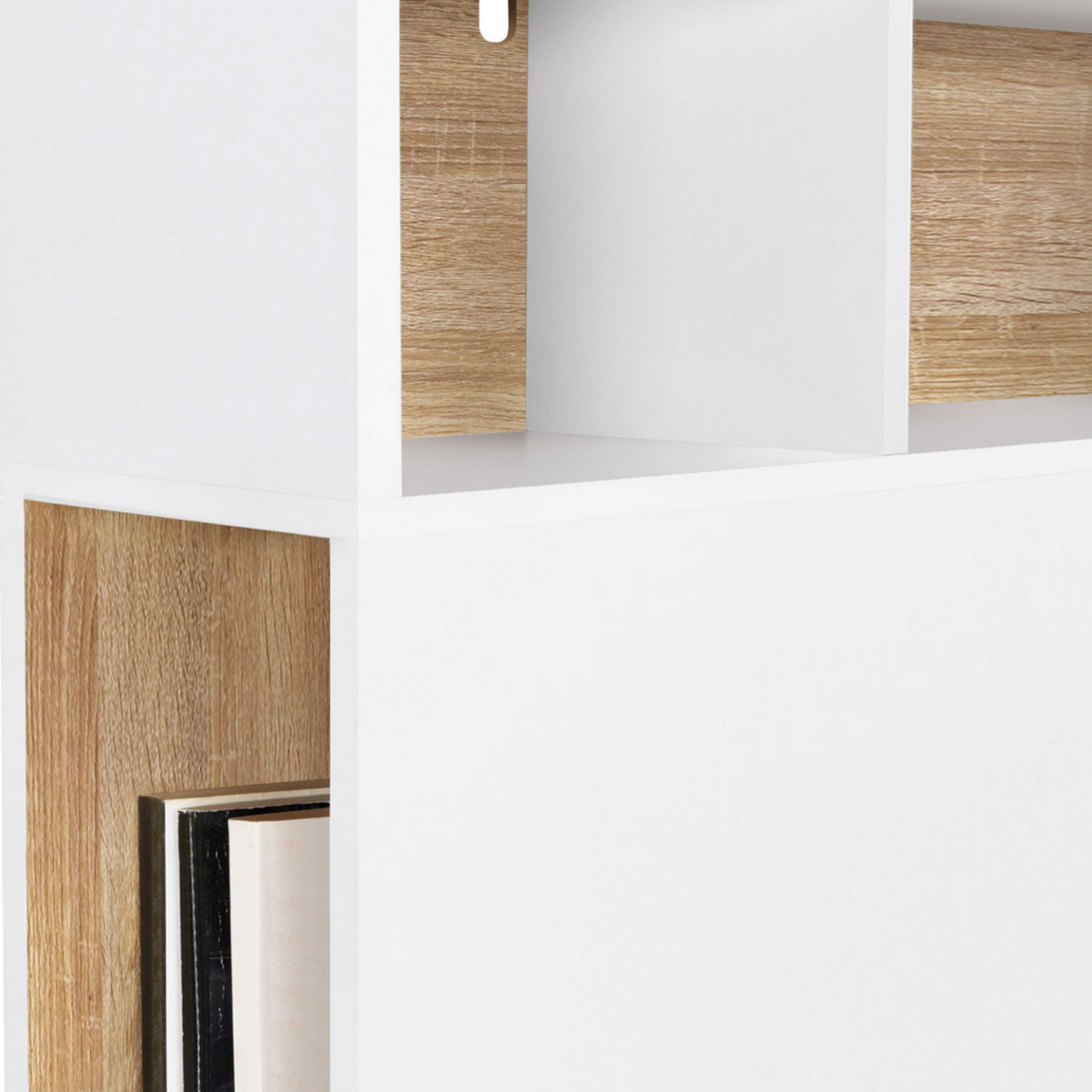 ID MARKET Tête de lit sur pied CLEO 165 cm avec rangements fermés et niches blanc et façon hêtre