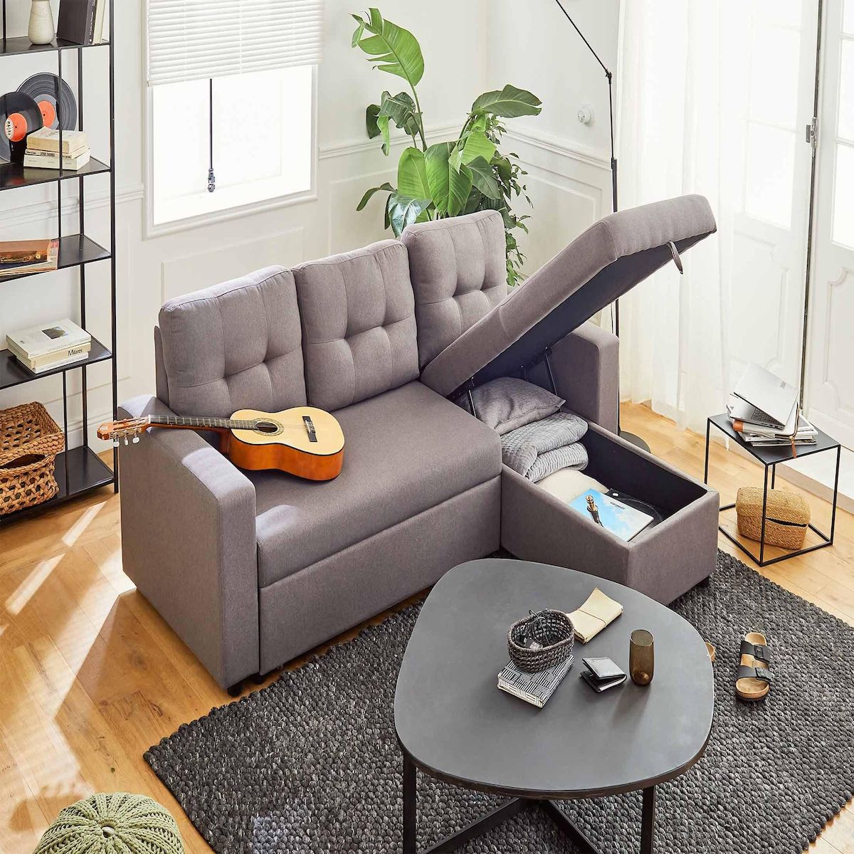 BEST MOBILIER Tulipe - canapé d'angle réversible - 4 places - convertible avec coffre - en tissu