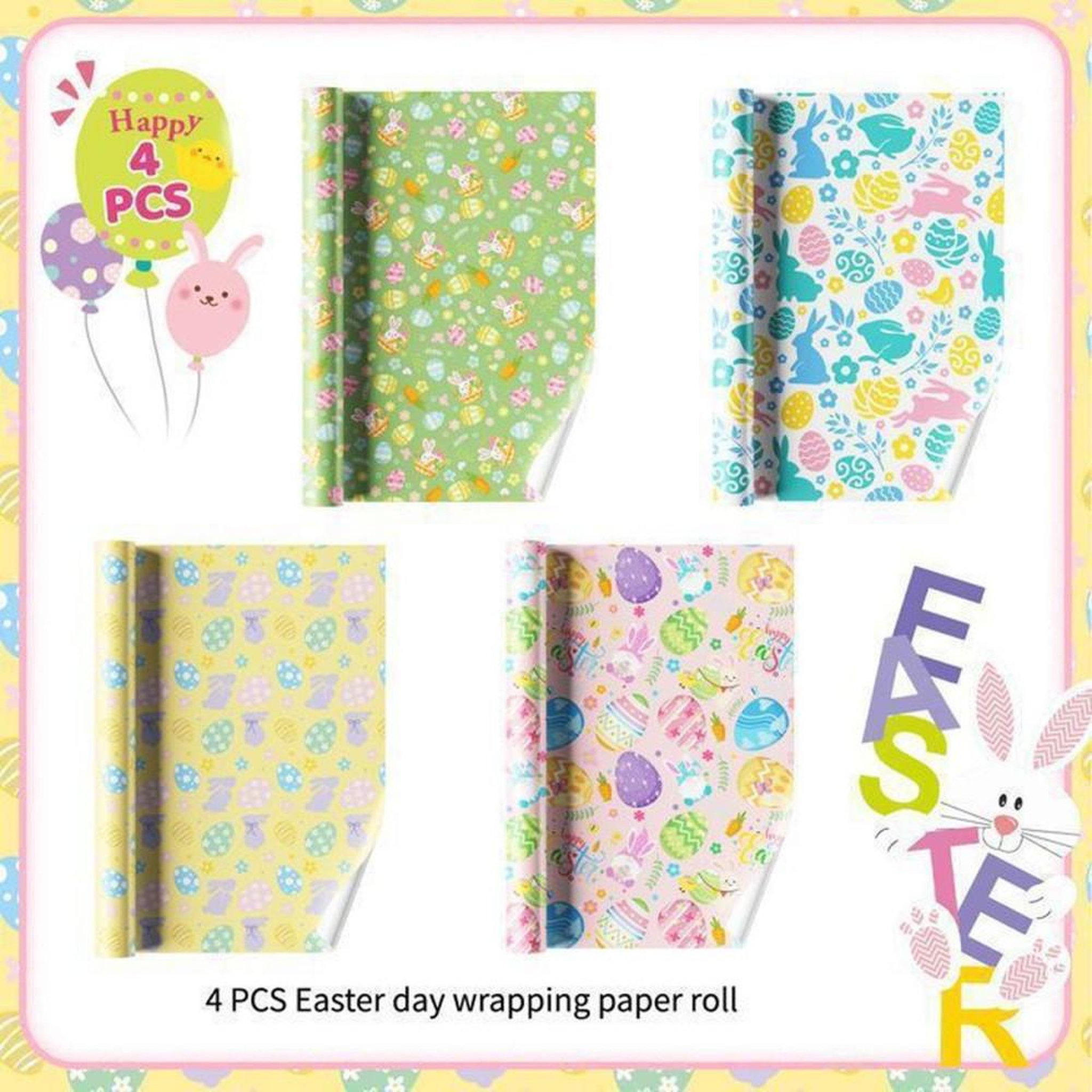 Voir la diapositive 2 : Papier cadeau de Pâques en rouleaux 40 cm x 3 m, lot de 4 motifs lapins et œufs multicolores