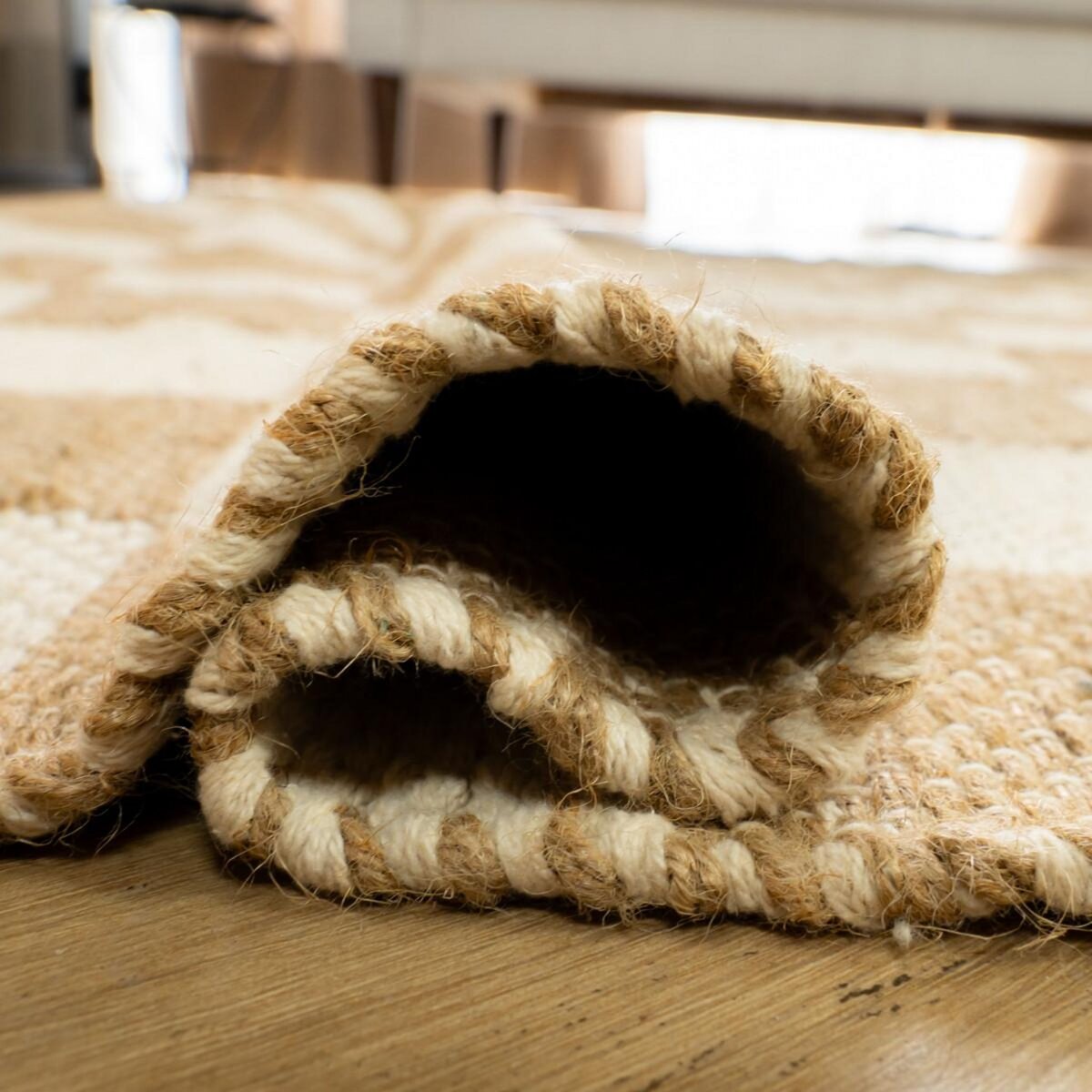 FUTURE HOME Tapis déco damier à franges en coton et jute 140x200cm