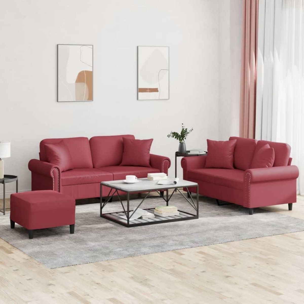 VIDAXL Ensemble de canapes 3 pcs et coussins rouge bordeaux similicuir