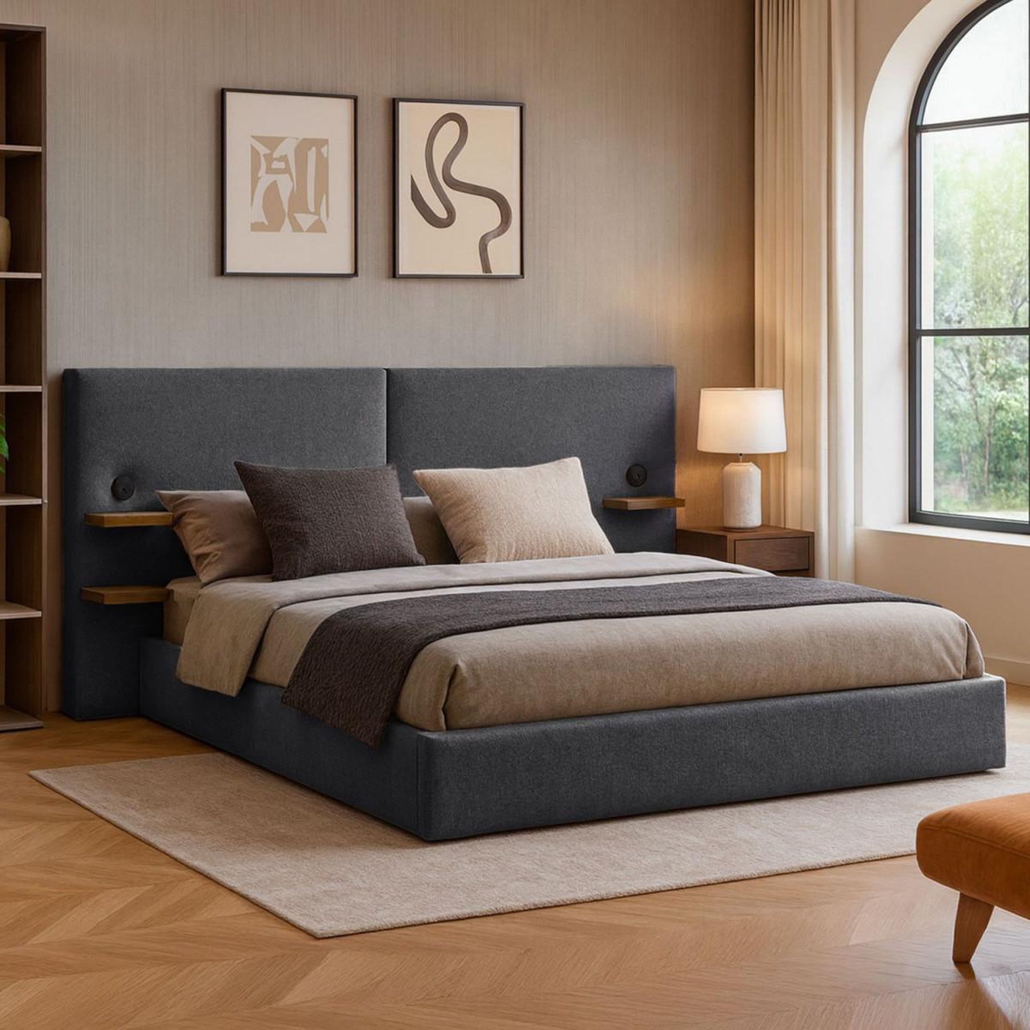 Voir la diapositive 5 : Paris Prix Lit coffre avec tablettes & usb  mike  140x190cm gris
