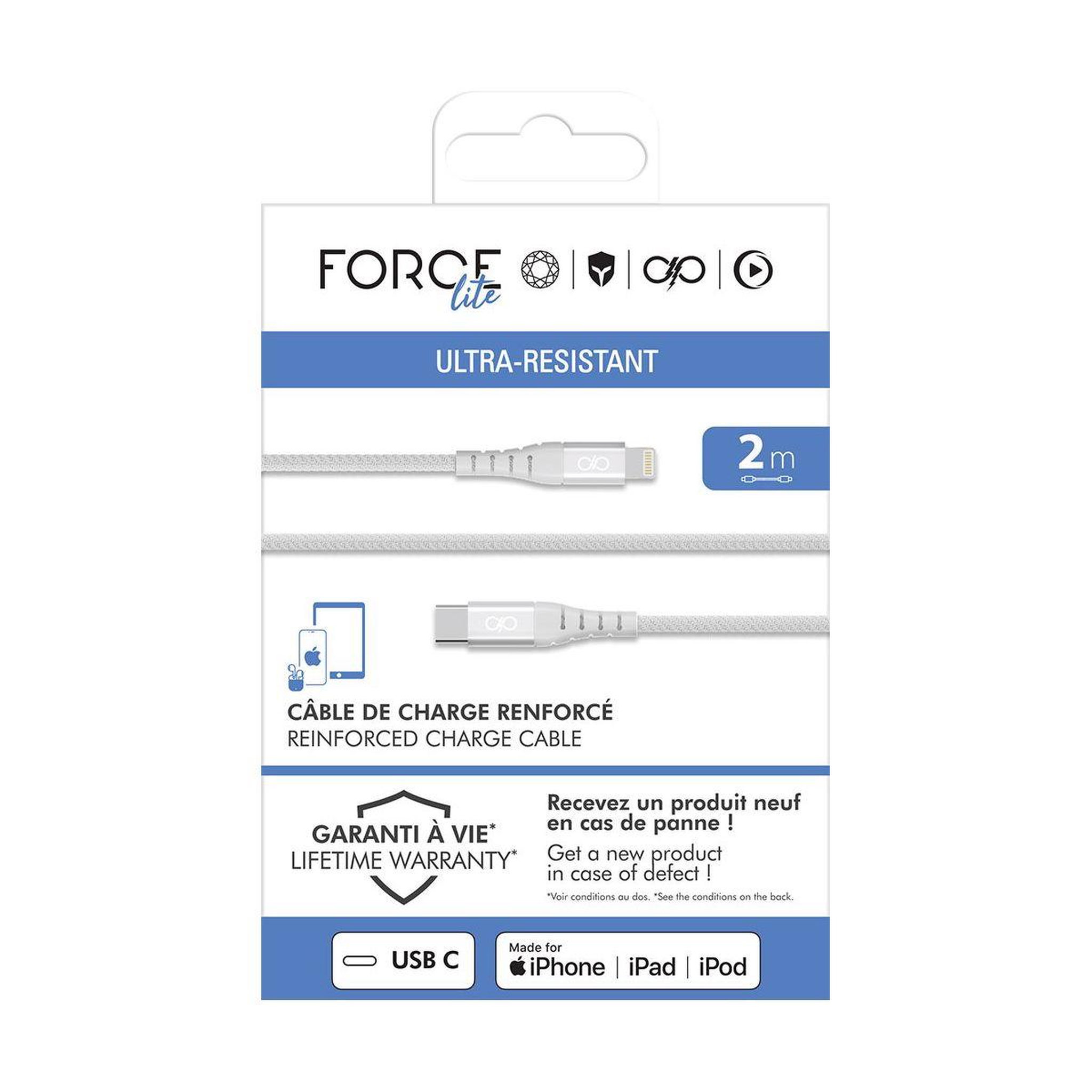 Voir la diapositive 5 : FORCE POWER Cable 60w 2m lightning mfi / usb-c mfi blanc