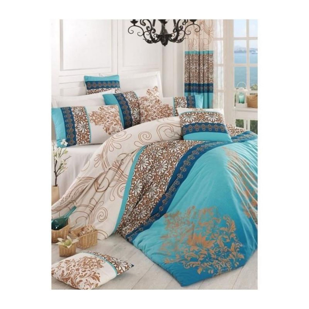 GENERIQUE Parure de lit - 1 housse de couette 220 x 240 cm + 2 taies d'oreiller 60 x 60 cm - 100% coton renforcé - Turquoise