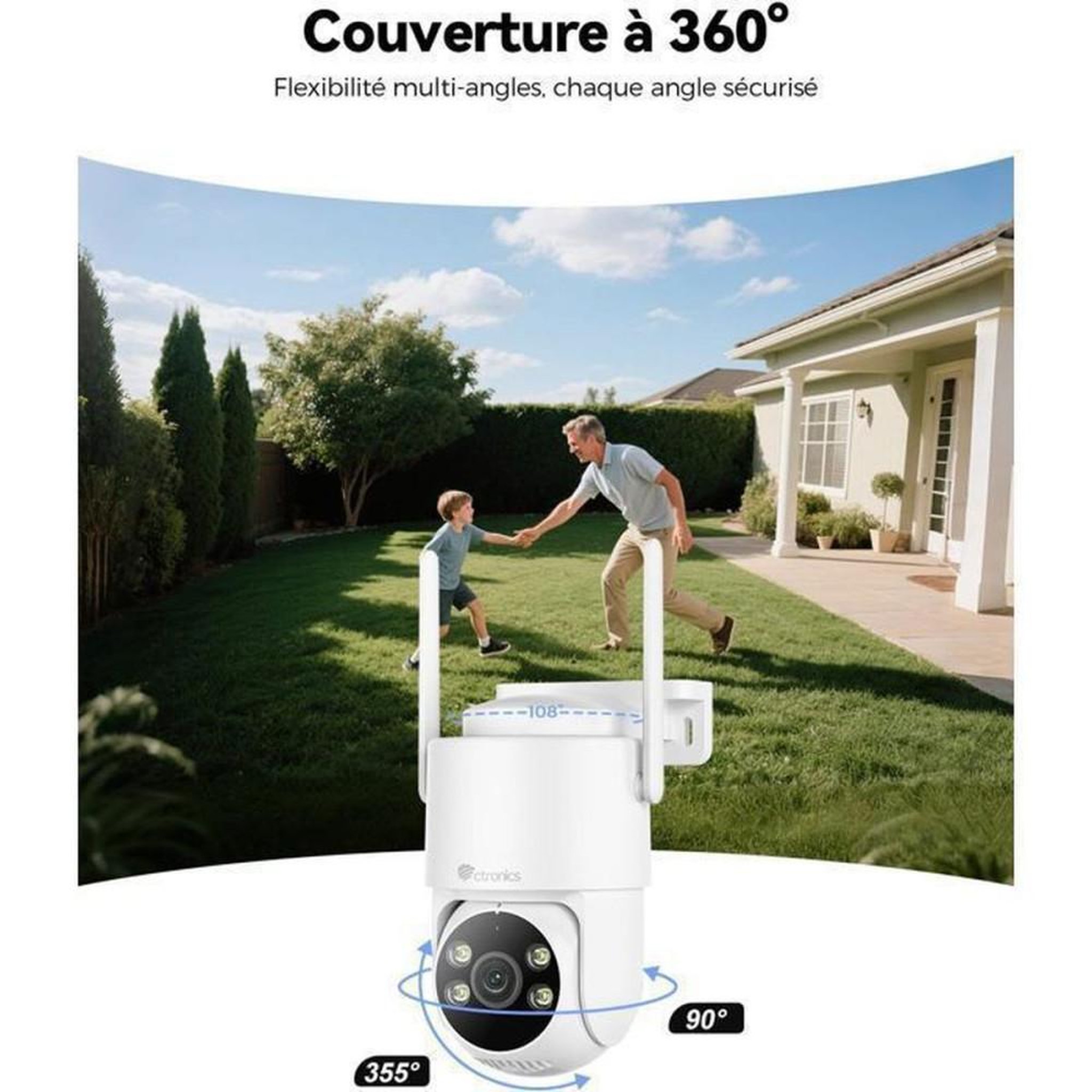 Voir la diapositive 4 : Caméra de sécurité WiFi PTZ 5MP extérieure dôme multi-angle 355°/90°, vision nocturne couleur jusqu'à 30 m, détection IA humain/véhicule/animal, double bande 2,4/5 GHz