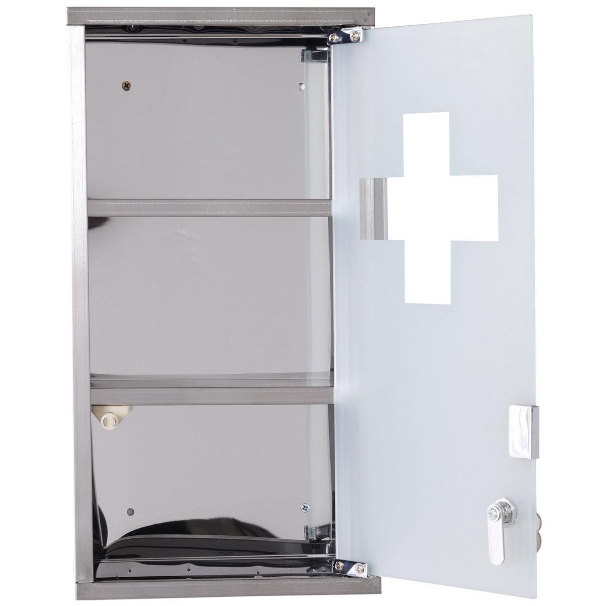 HOMCOM Armoire à pharmacie 2 étagères 3 niveaux verrouillable porte verre trempé dépoli logo croix 25L x 12l x 48H cm acier inox