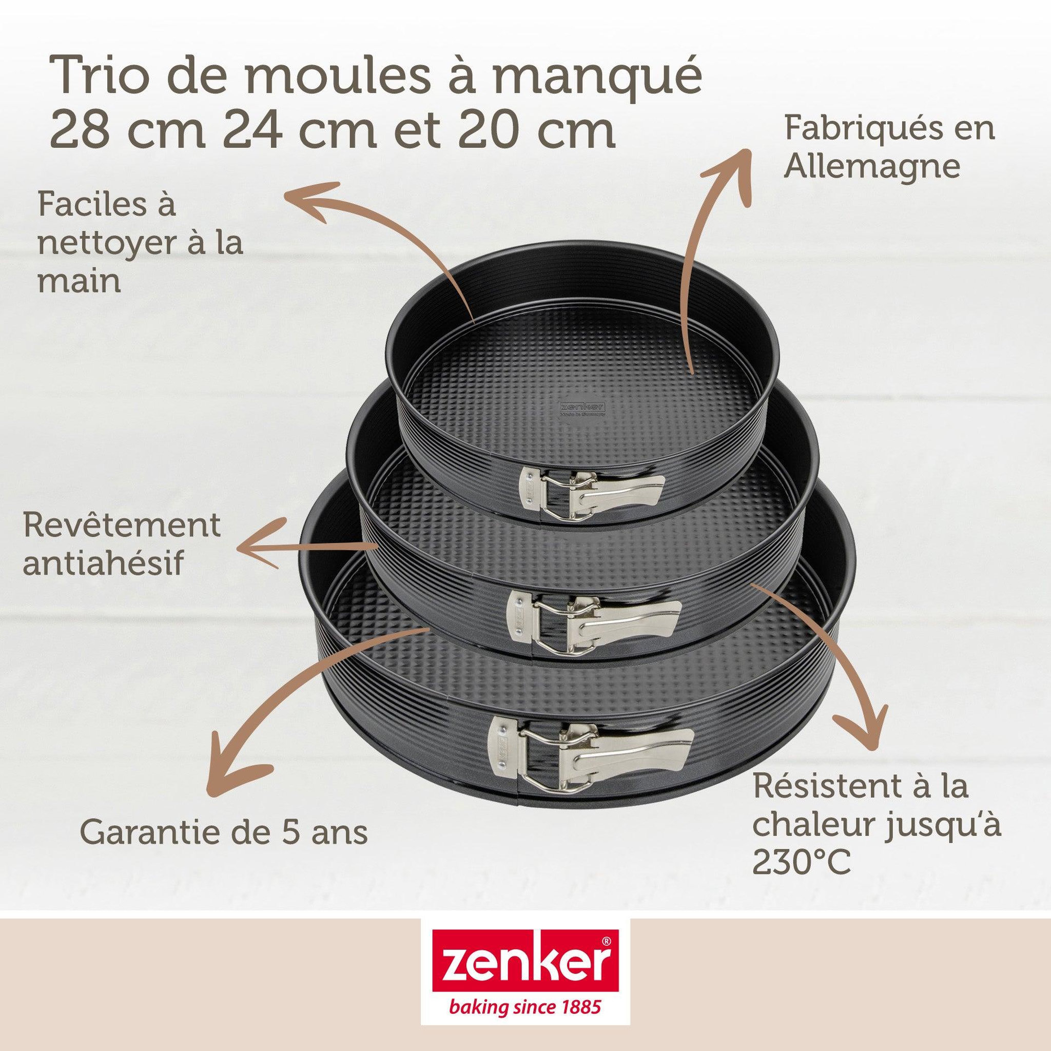 Voir la diapositive 3 : ZENKER Set de 3 moules à charnière ronds de 20 cm 24 cm et 28 cm zenker black metallic