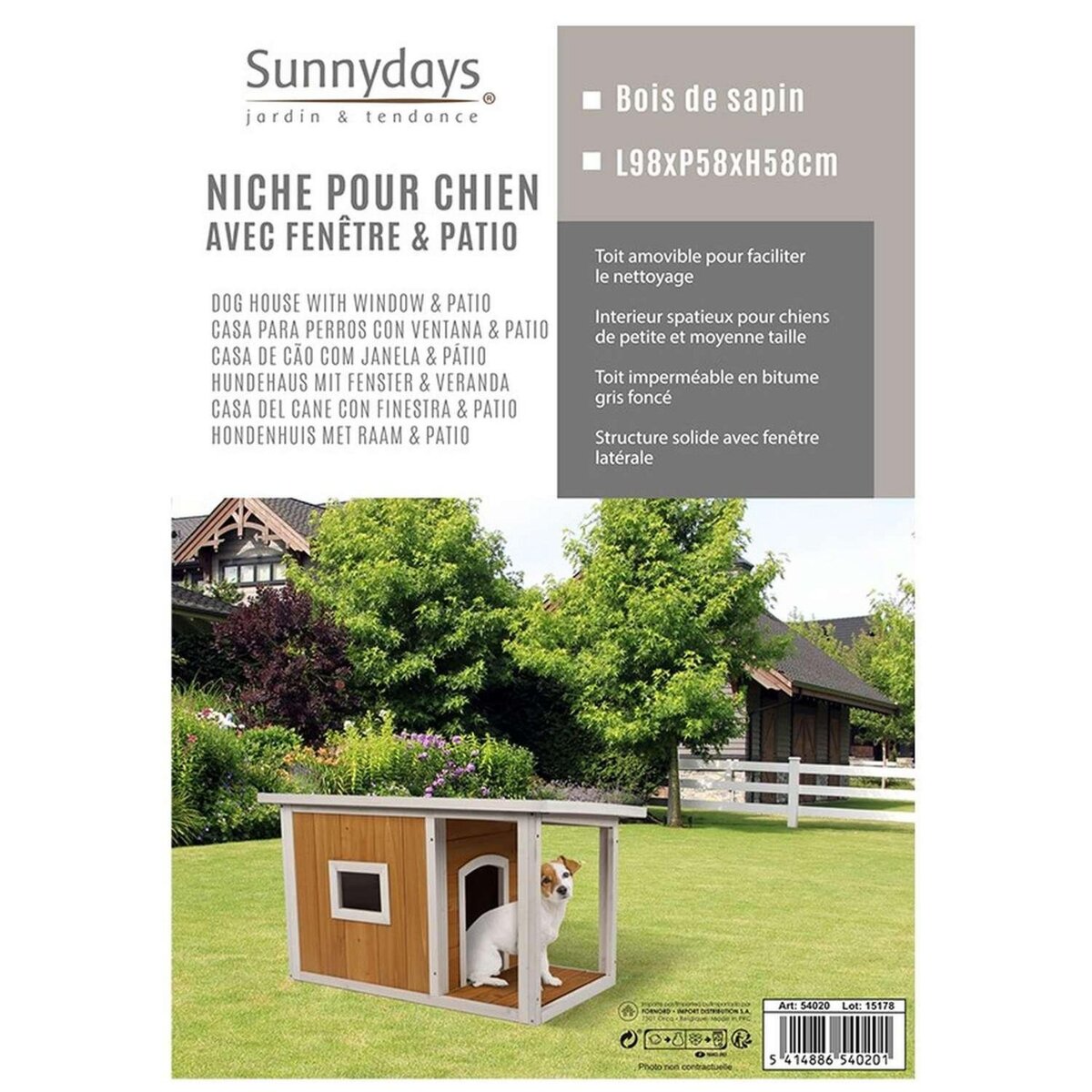 TOILINUX Niche pour chien Lucky avec patio et fenêtre en bois naturel