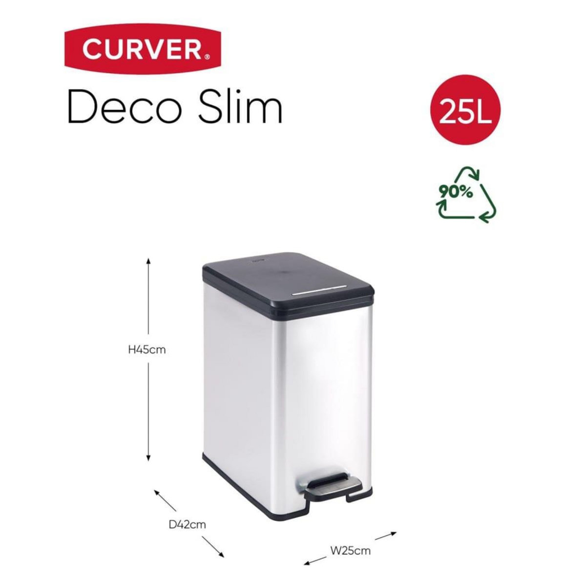 CURVER Curver Poubelle a pedale mince Deco 25 L Argente