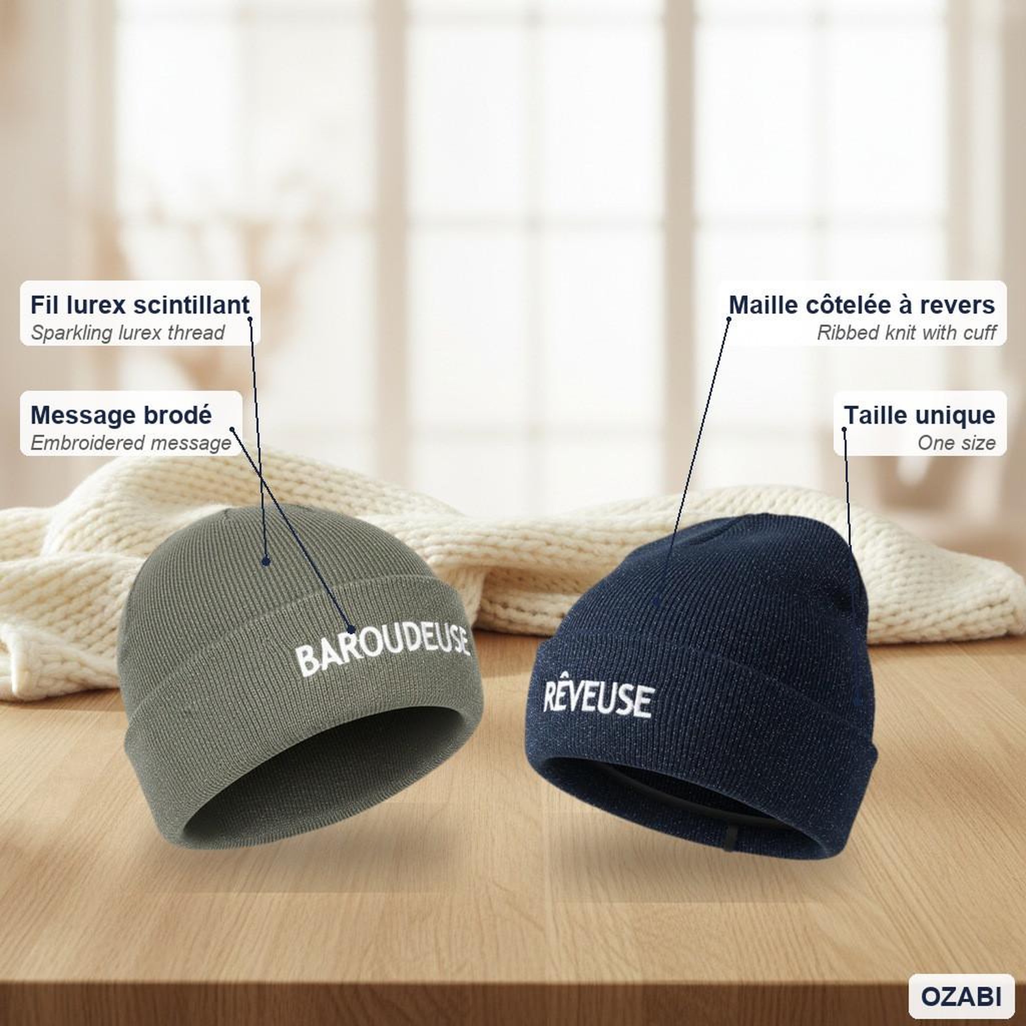 Voir la diapositive 5 : OZABI OZABI Bonnets Femme Fil Lurex Pailleté Message Brodé - Pack de 2 (Lot)