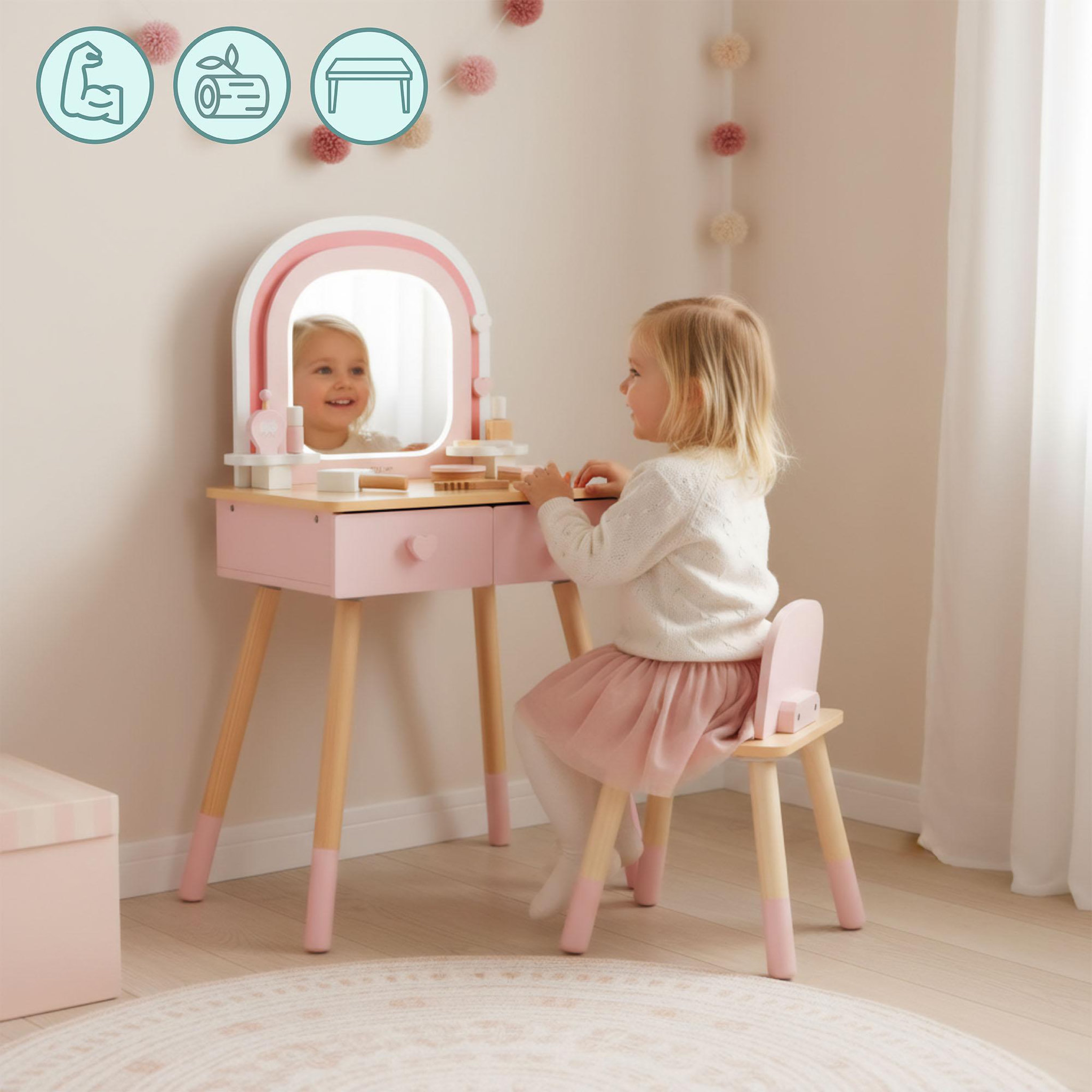 Voir la diapositive 6 : MAMABRUM Coiffeuse Bois Enfant Mamabrum Miroir LED Tactile Chaise Accessoires 3 Ans+