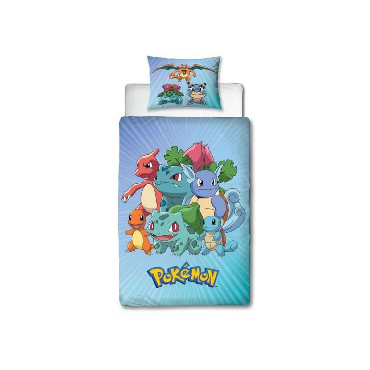 Pokemon Parure de lit réversible - POKEMON - Pikachu et Starter - Bleu - Microfibre - 1 housse de couette 140 x 200 cm + 1 taie 63 x 63