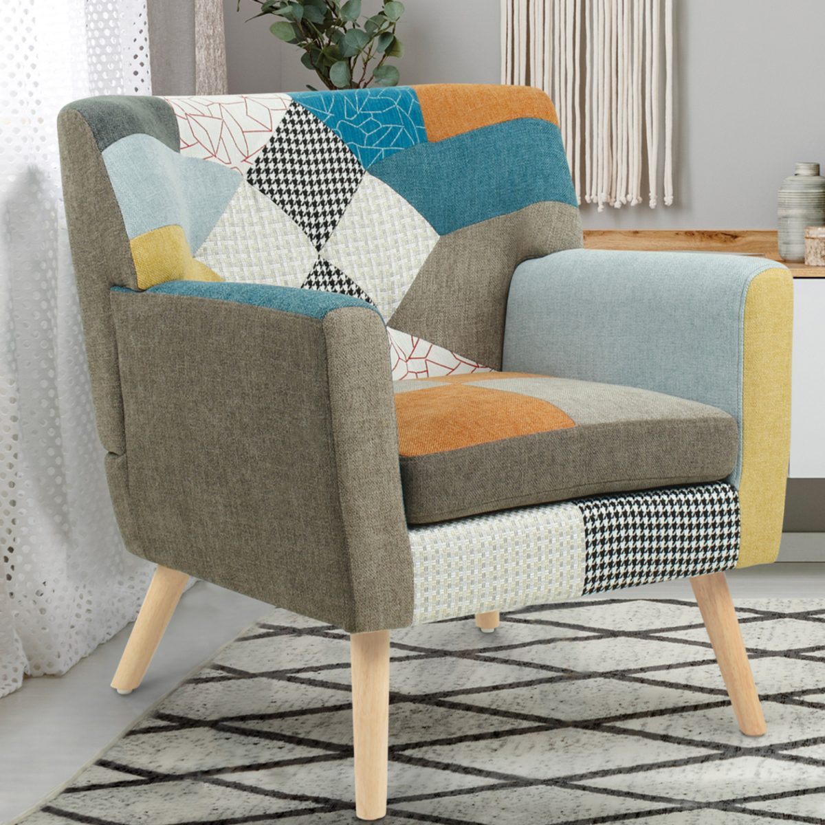 ID MARKET Fauteuil scandinave LIV en tissu patchwork multicouleur