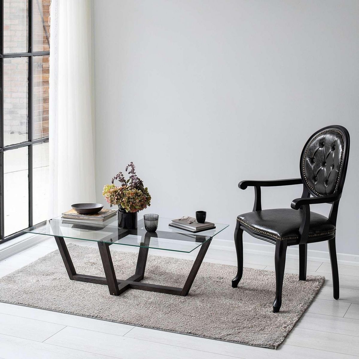 TOILINUX Table basse Onyxale en verre et bois massif - Transparent et gris foncé