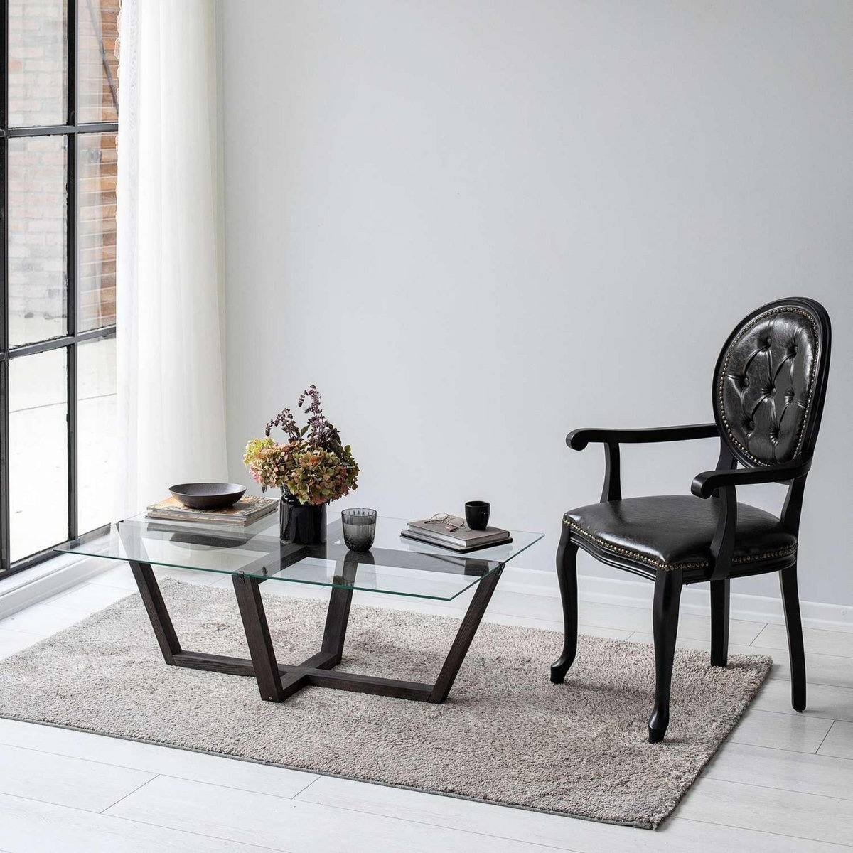 TOILINUX Table basse Onyxale en verre et bois massif - Transparent et gris foncé