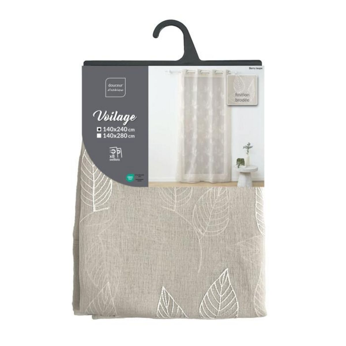 Paris Prix Rideau Voilage à Œillets Brodés  Berry  140x240cm Taupe