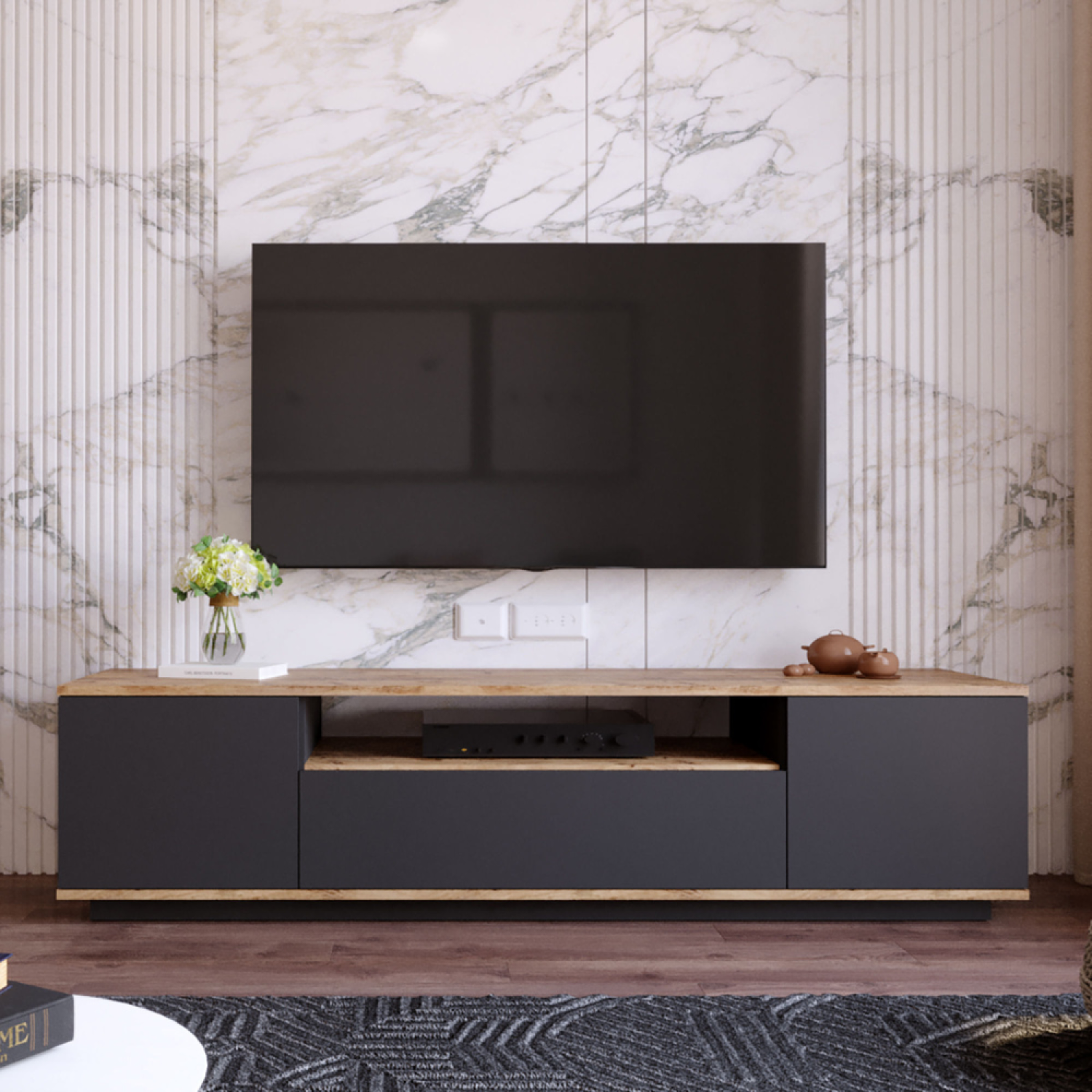 Voir la diapositive 2 : CONCEPT USINE Meuble tv gris et bois 180 cm tyro
