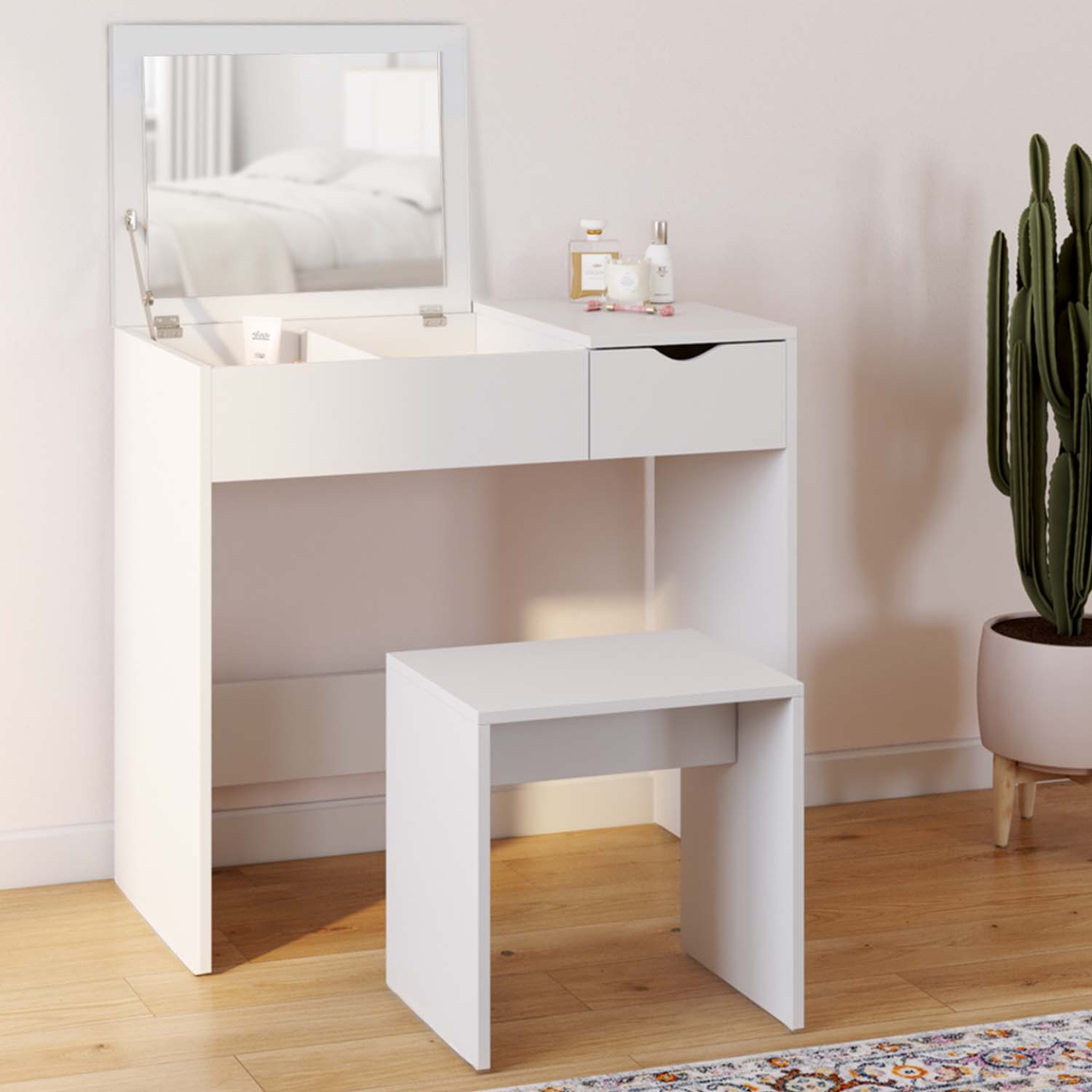Voir la diapositive 2 : ID MARKET Coiffeuse zelia miroir rabattable avec 1 tiroir et 1 tabouret
