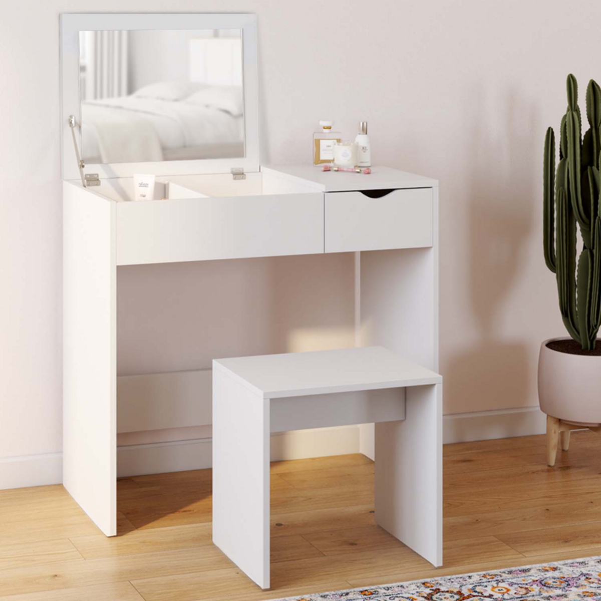 ID MARKET Coiffeuse ZELIA miroir rabattable avec 1 tiroir et 1 tabouret