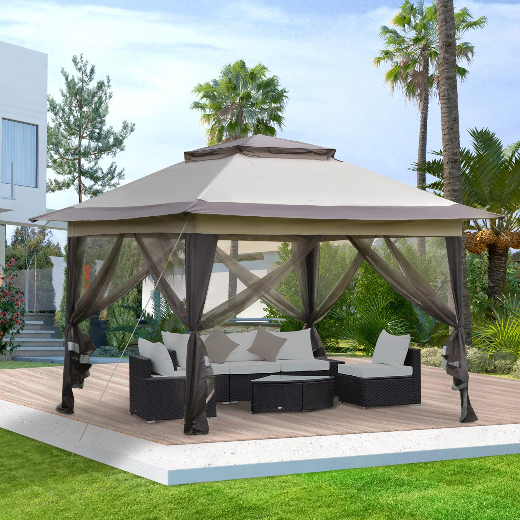 Voir la diapositive 2 : OUTSUNNY Tonnelle barnum de jardin pop-up pliant 3,64L x 3,64l x 2,94H m acier polyester moustiquaires + sac de transport à roulettes beige marron