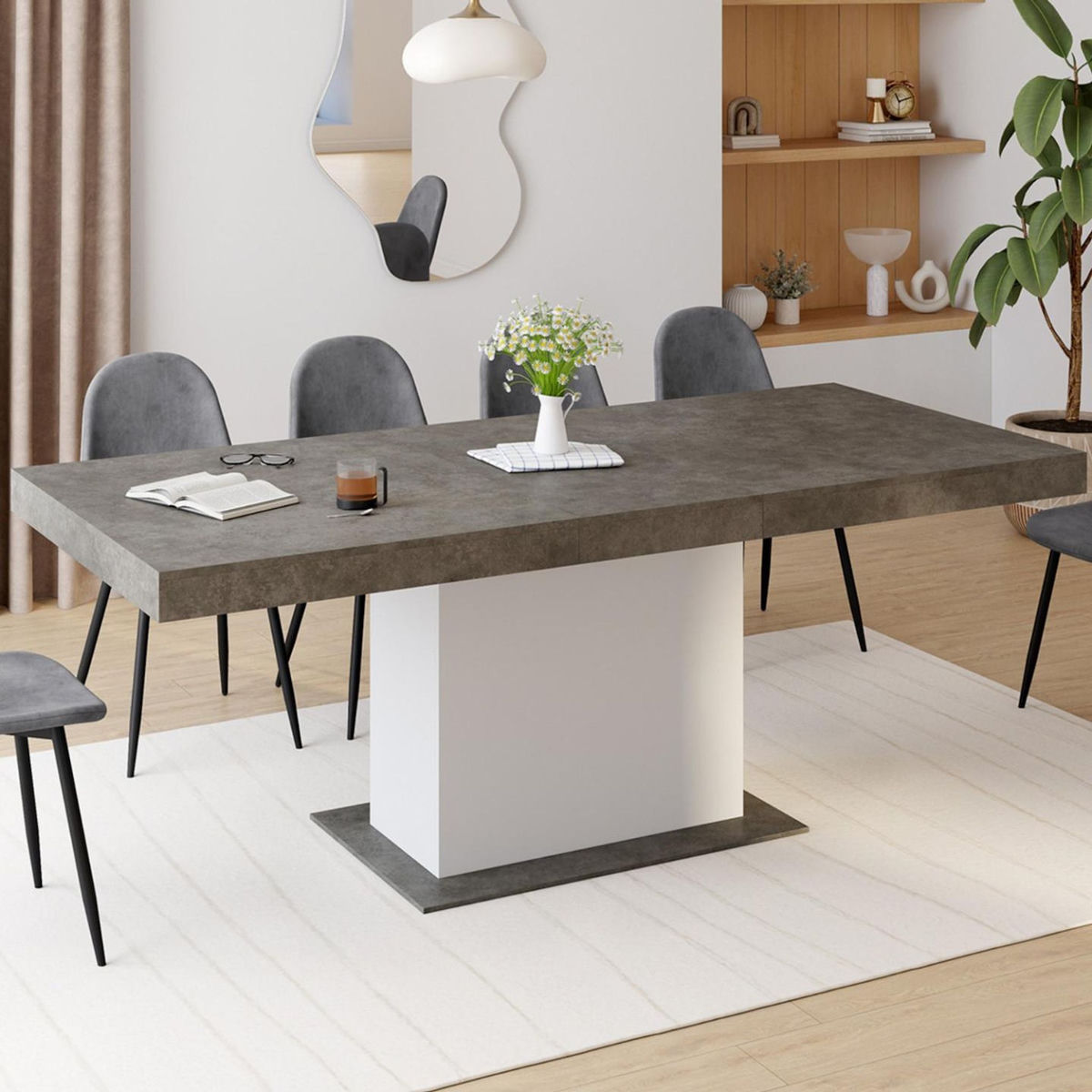 ID MARKET Table à manger extensible rectangle EDEN 6-10 personnes béton et blanc 160-200 cm