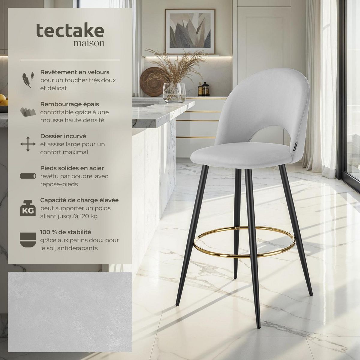 tectake Chaise de bar en velours rembourré gris clair/noir Ensemble de 2 pièces
