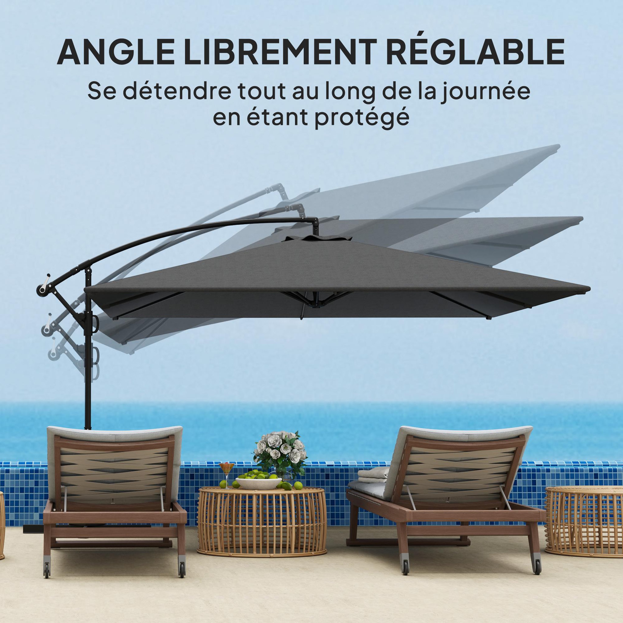 Voir la diapositive 4 : OUTSUNNY Parasol déporté rectangulaire grande taille dim. 3,55 x 3,9 m - inclinable, pivotant - manivelle, piètement en croix - gris