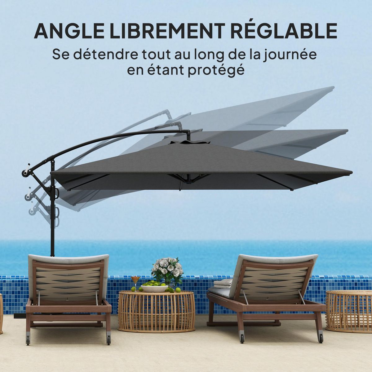 OUTSUNNY Parasol déporté rectangulaire grande taille dim. 3,55 x 3,9 m - inclinable, pivotant - manivelle, piètement en croix - gris