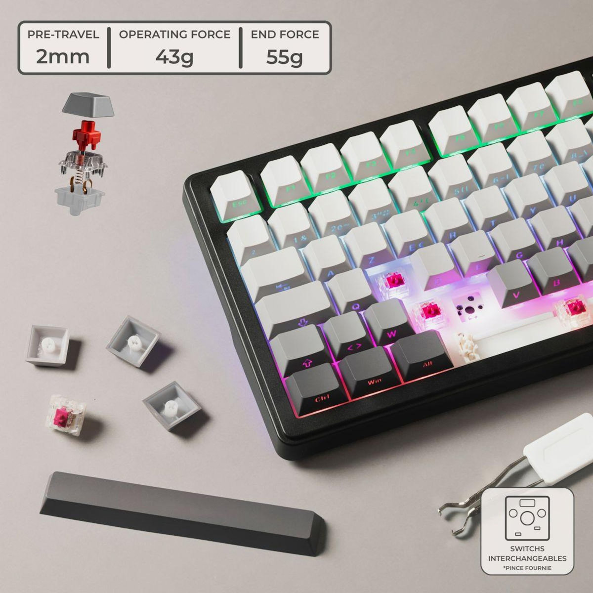 THE G-LAB Clavier gamer sans fil Keyz Elite 300 RGB Triple Mode Gris