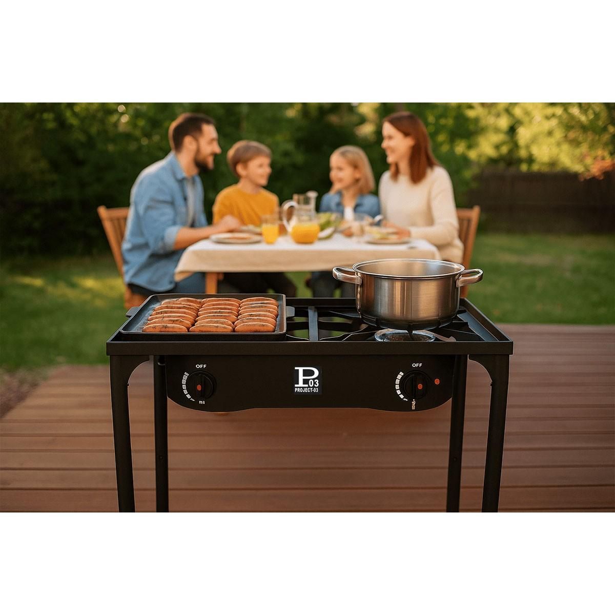 INTEC Réchaud à Gaz 2 feux Barbecue grill 9kW 2en1 : 2 brûleurs fonte + 1 Plaque Grill Fonte, 3 Hauteurs Modulables Piezo INTEC