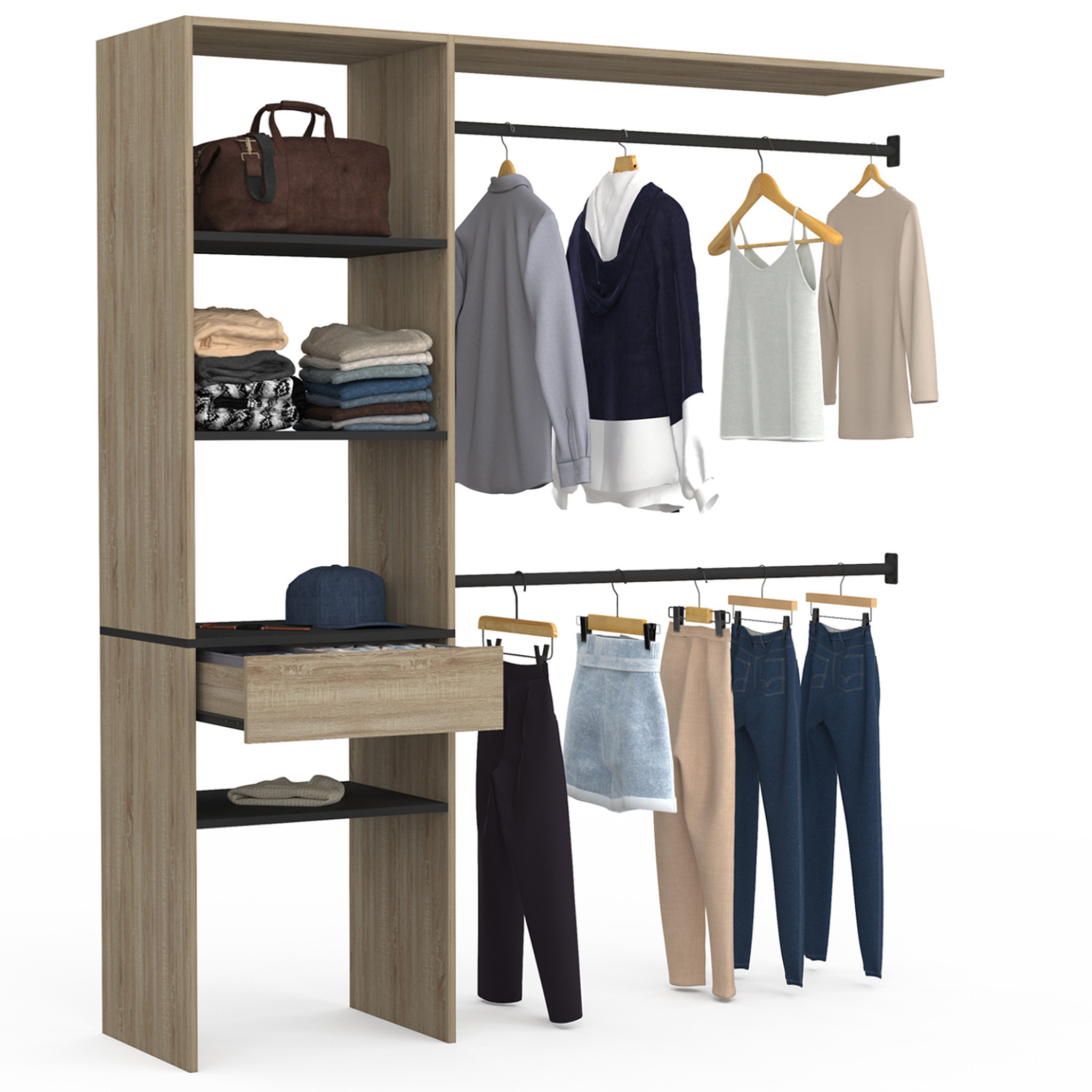 ID MARKET Kit dressing meline 160 x 40 x 180 cm hêtre avec étagères noires + tiroir + double penderie